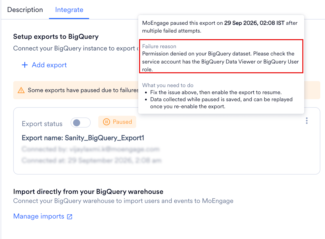 The Paused label hover on the Integrate tab, showing the failure reason and what you need to do