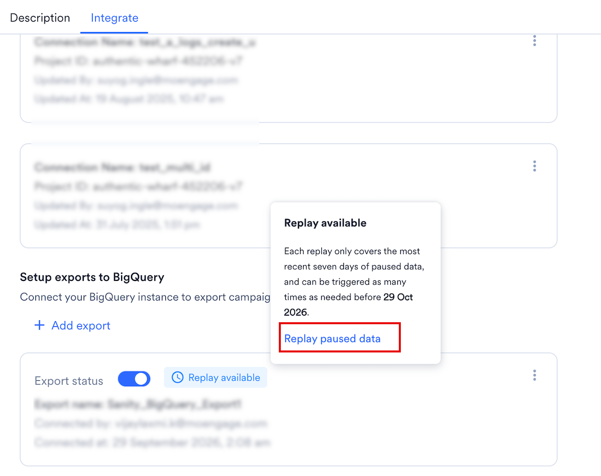 BigQuery export with a Replay available label on the Integrate tab and the Replay paused data option