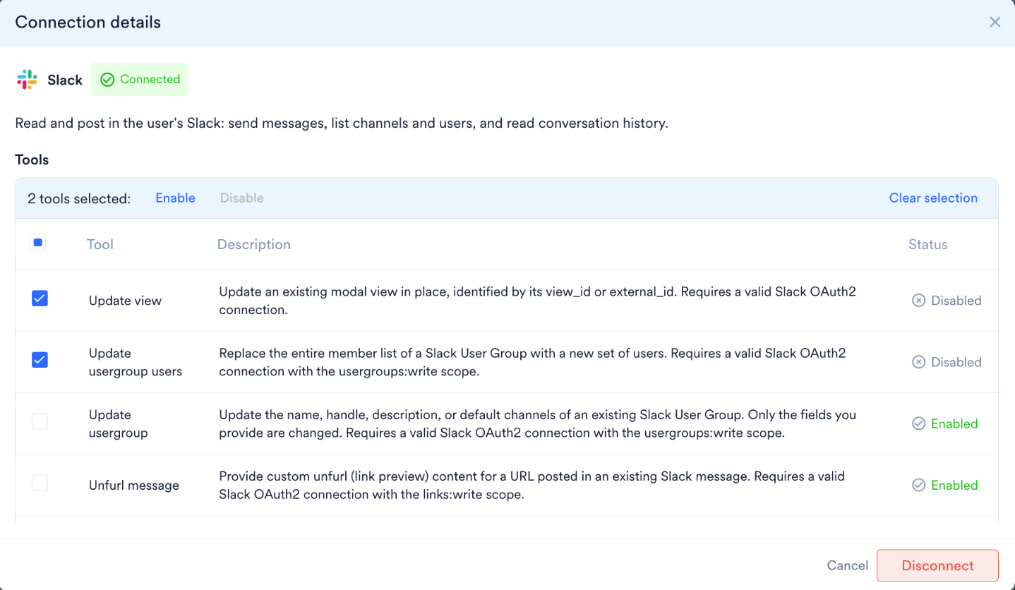 Connection details dialog listing a connector's tools with Enable, Disable, and Status controls
