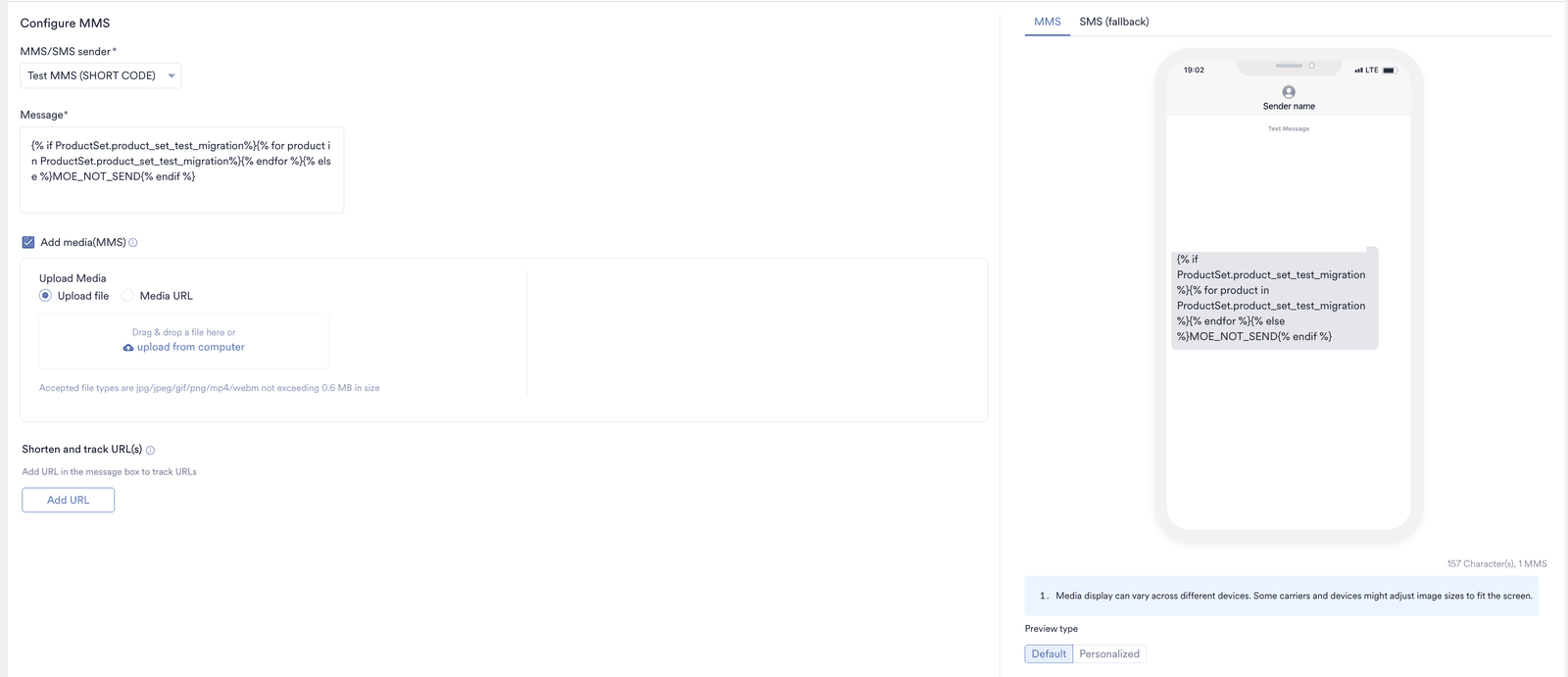 The Configure MMS screen showing the MMS/SMS sender list, the Message field and the preview panel