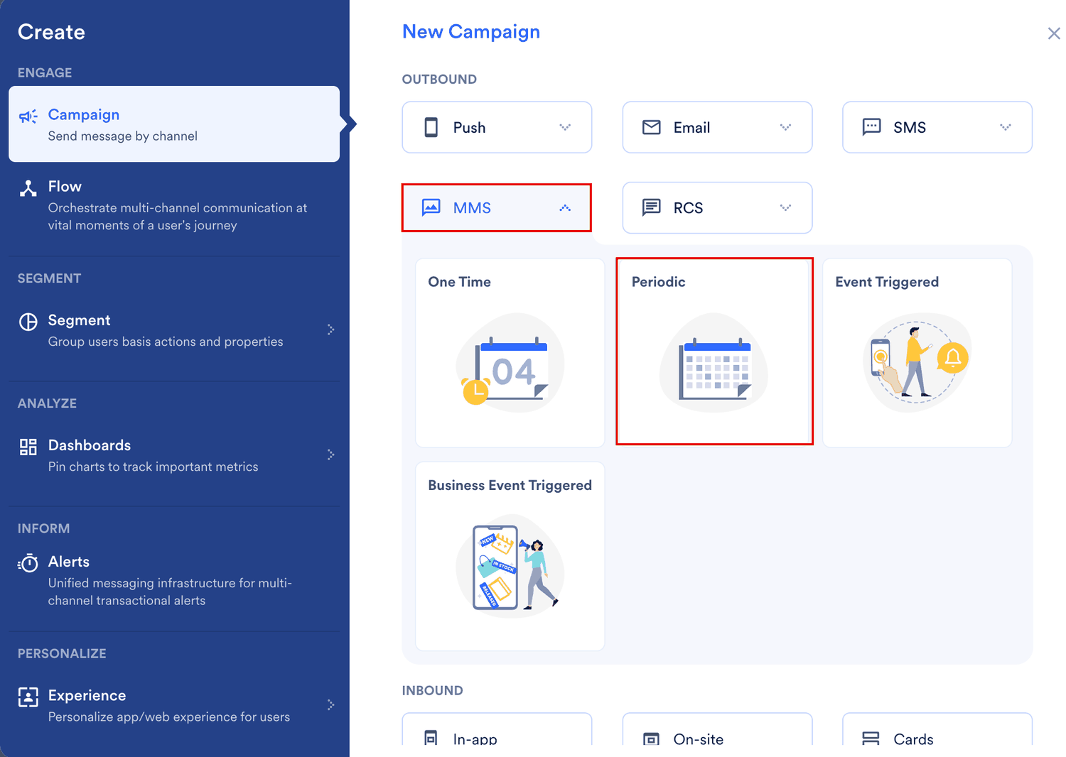 The New Campaign dialog box with MMS selected under Outbound and the Periodic delivery type