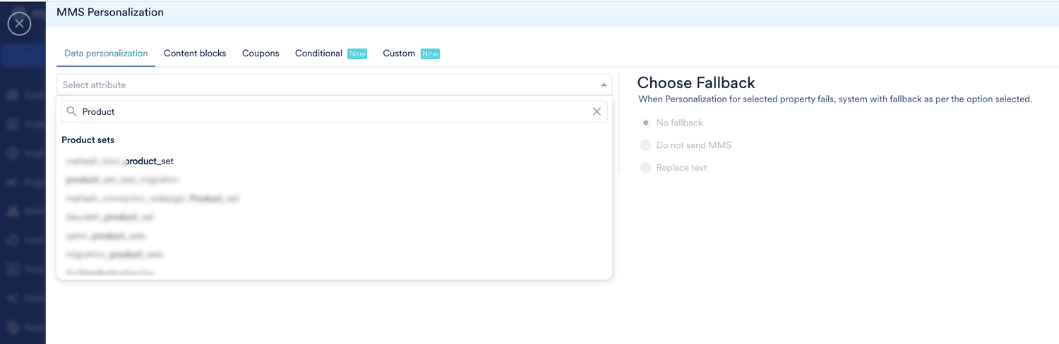 The MMS Personalization window showing the Data personalization tab, a product set search in the Select attribute list, and the Choose Fallback options