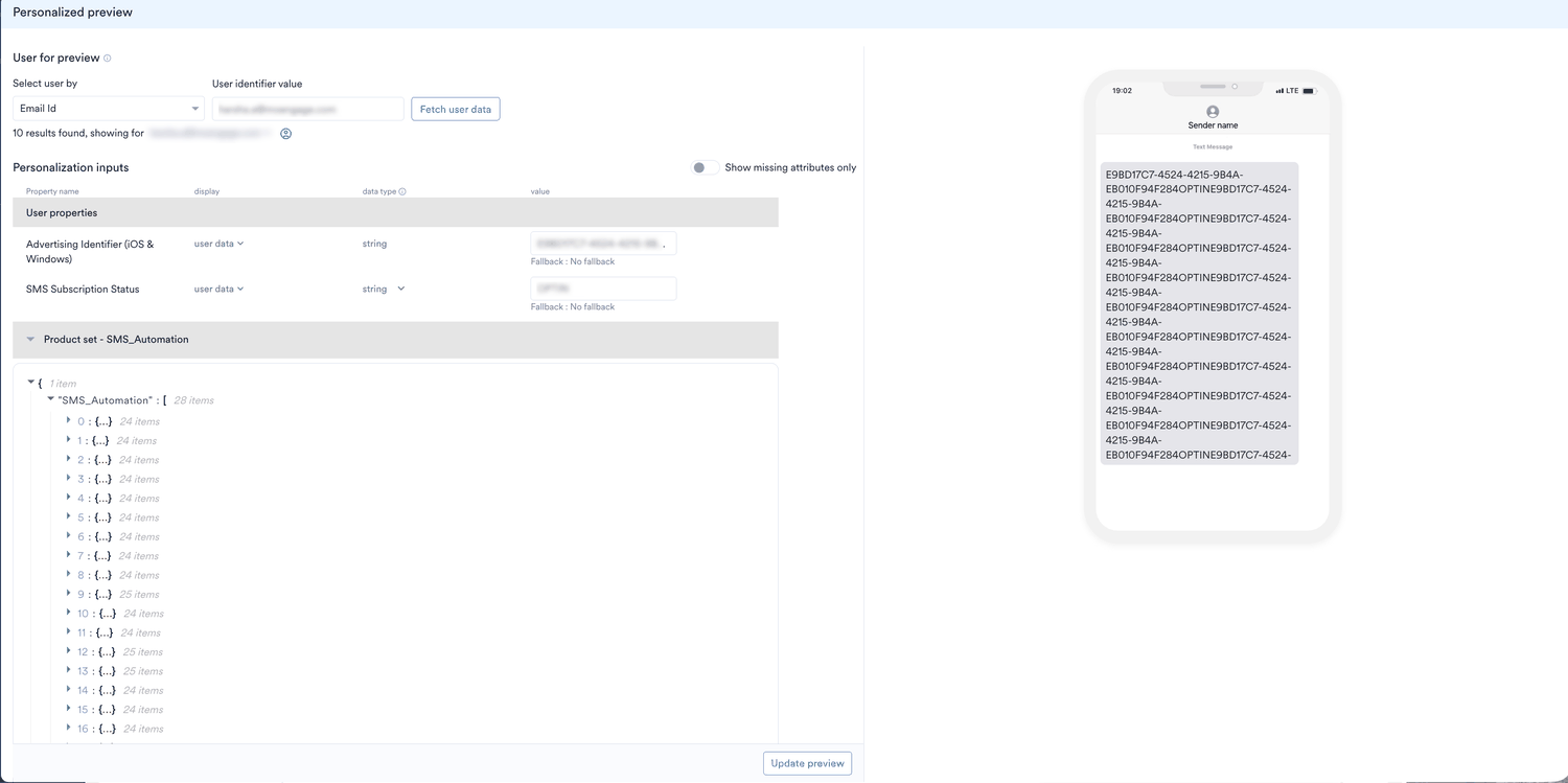 The Personalized preview slide-out showing the user selection, the product set JSON under Personalization inputs, and the Update preview button