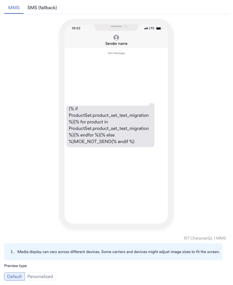 The preview panel with the MMS and SMS (fallback) tabs and the Preview type options