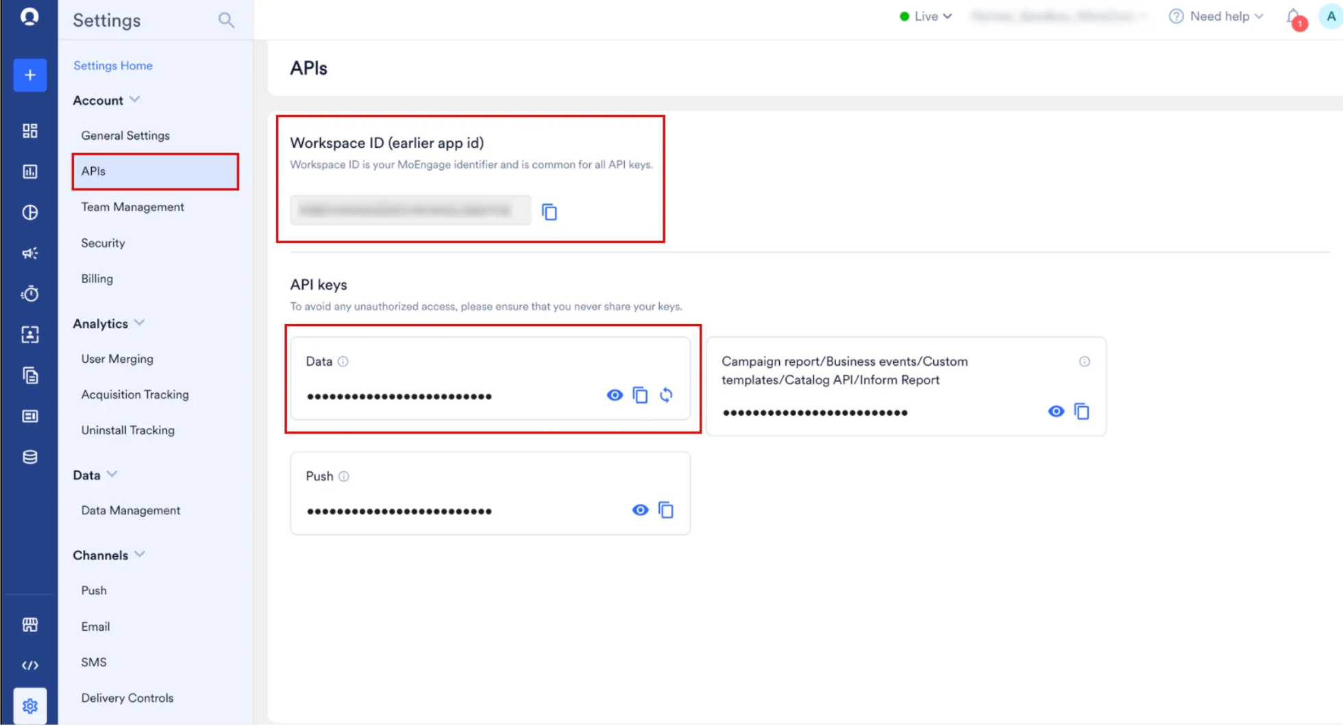 The MoEngage APIs settings page under Settings and Account