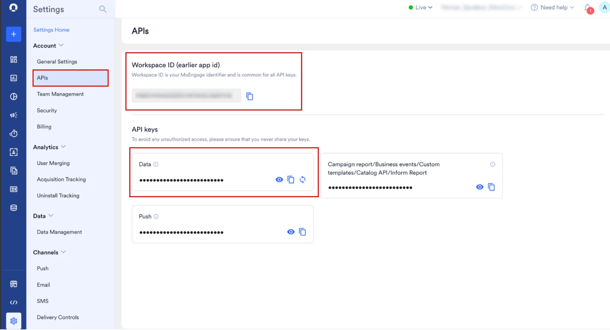 The MoEngage APIs settings page under Settings and Account