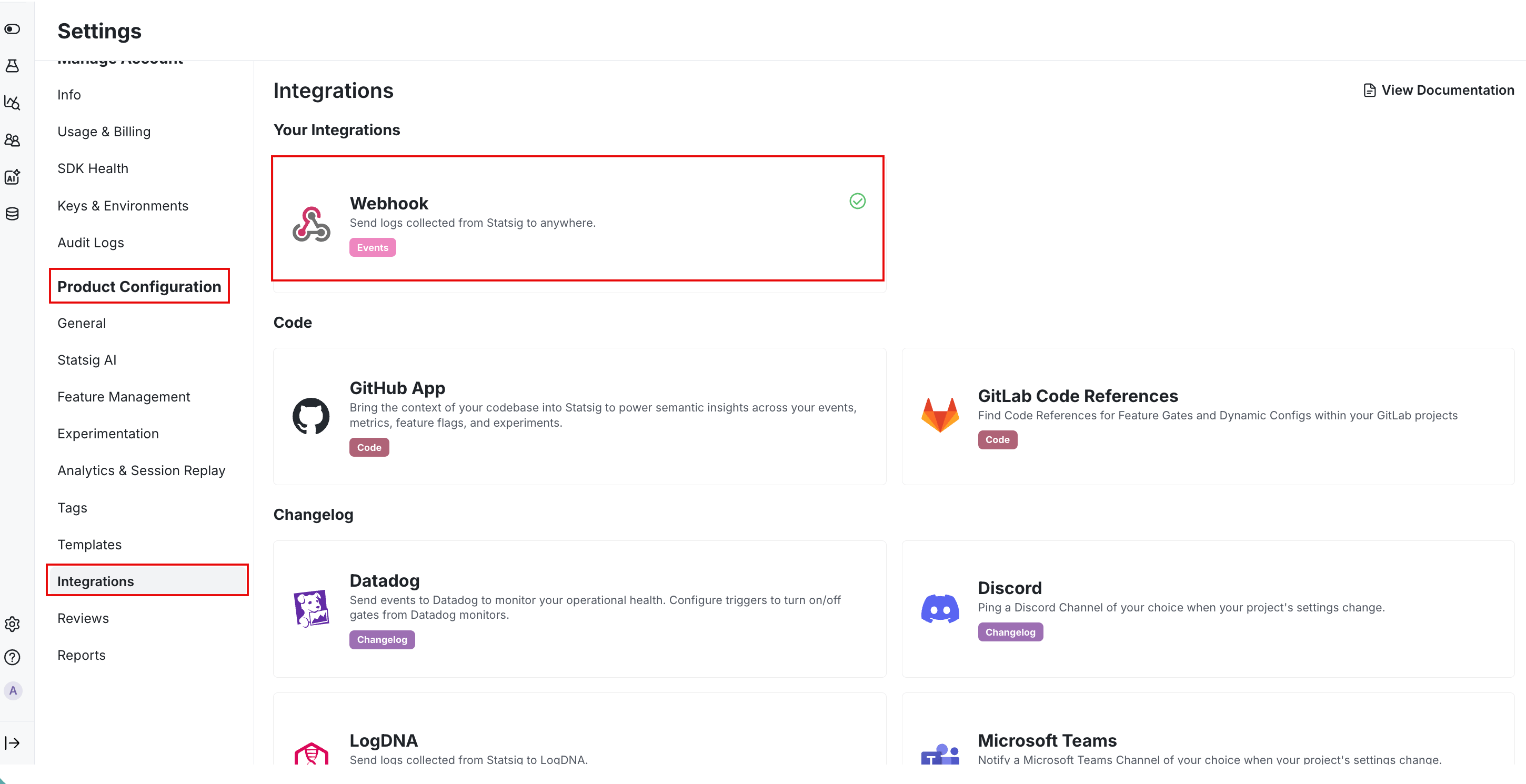 The Statsig Settings menu with Integrations under Product Configuration