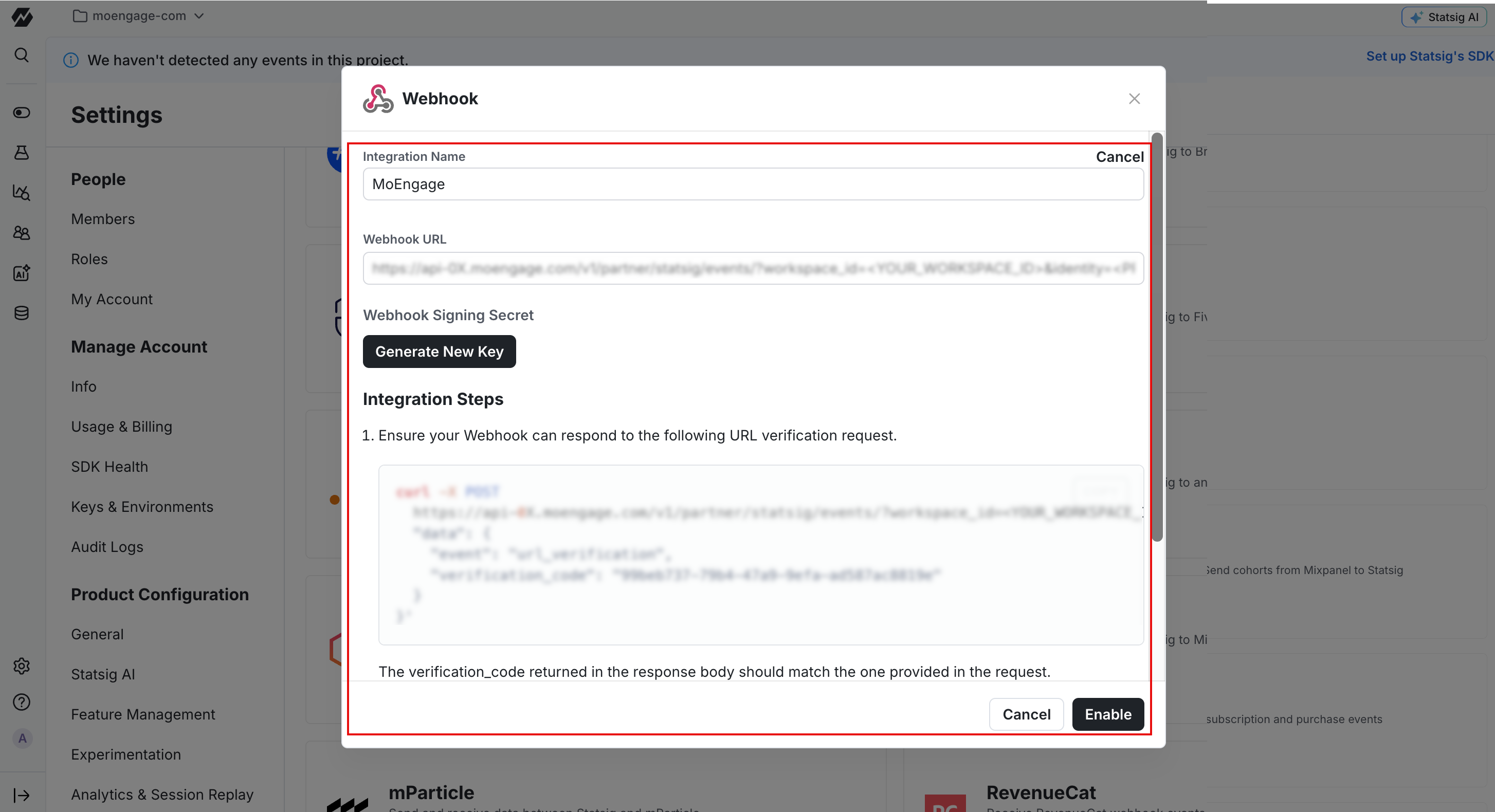 The Statsig Webhook dialog box showing the Integration Name and Webhook URL boxes