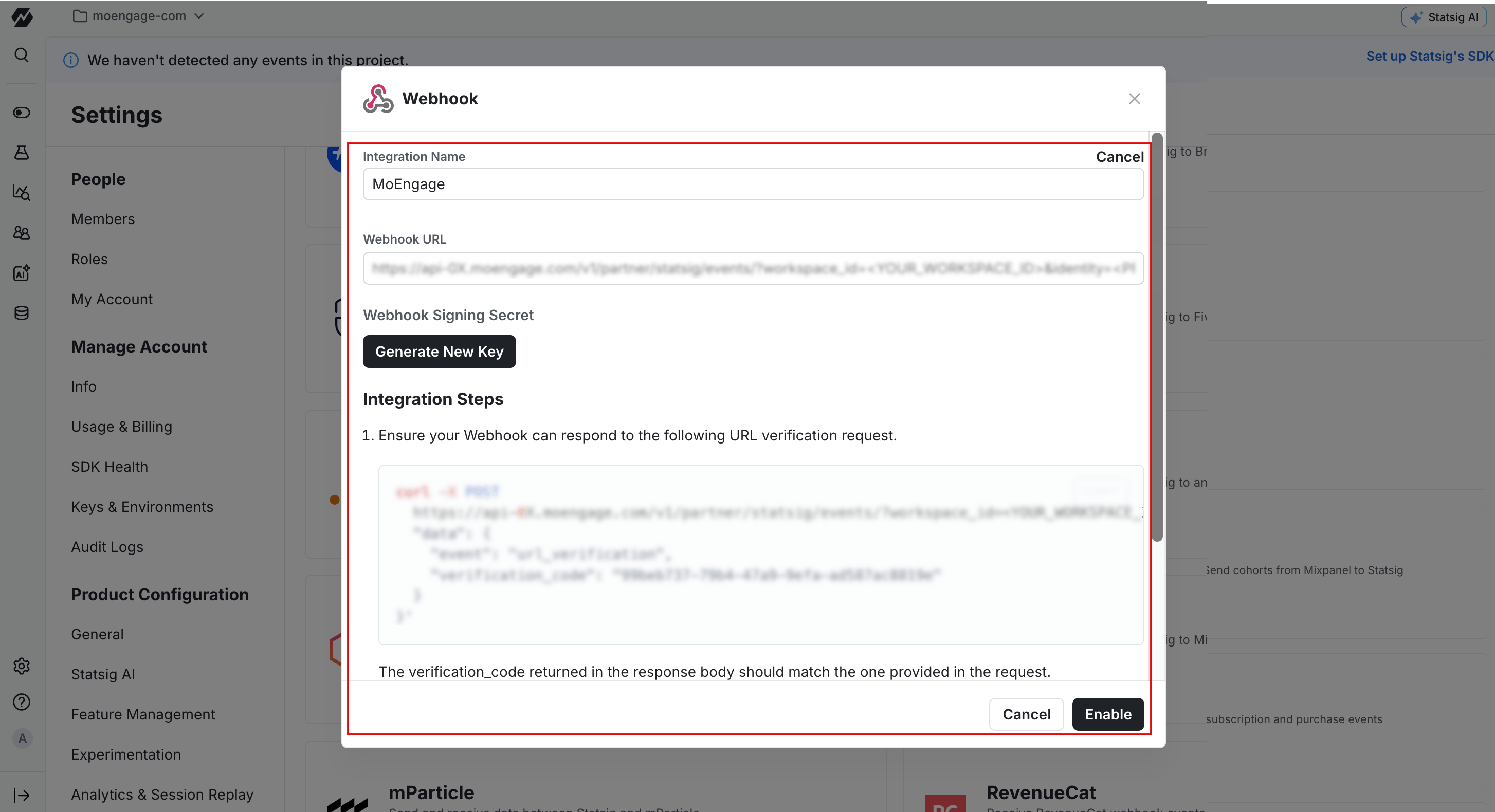 The Statsig Webhook dialog box showing the Integration Name and Webhook URL boxes
