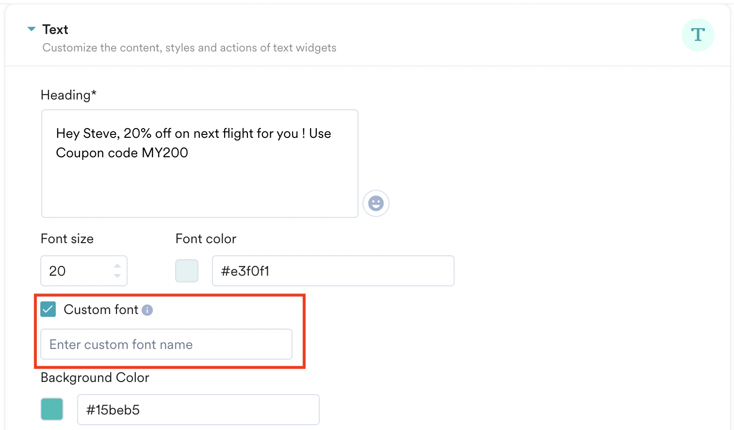 Screenshot showing the Custom font check box and text box