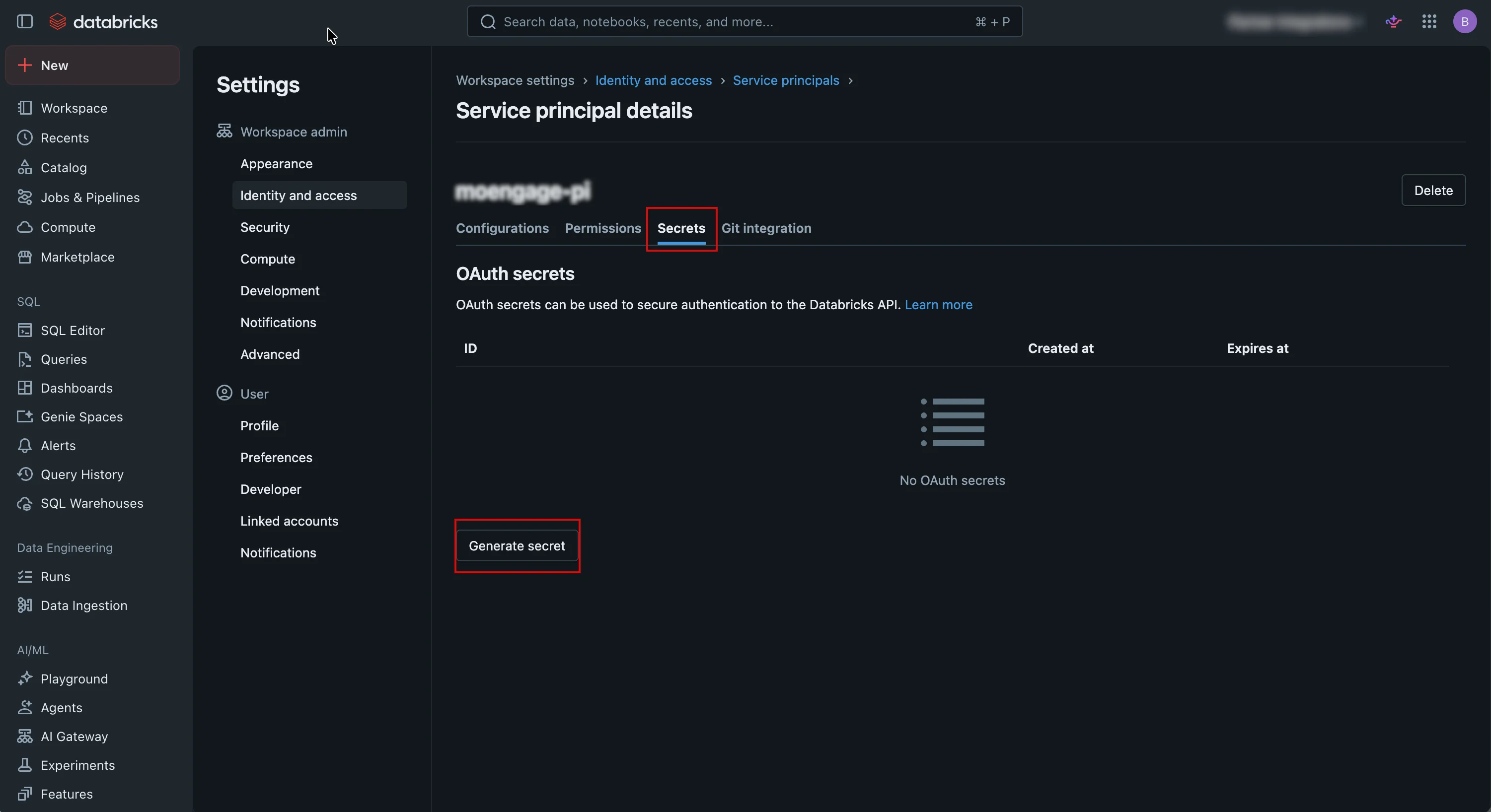 Generate secret button in Databricks service principals Secrets tab