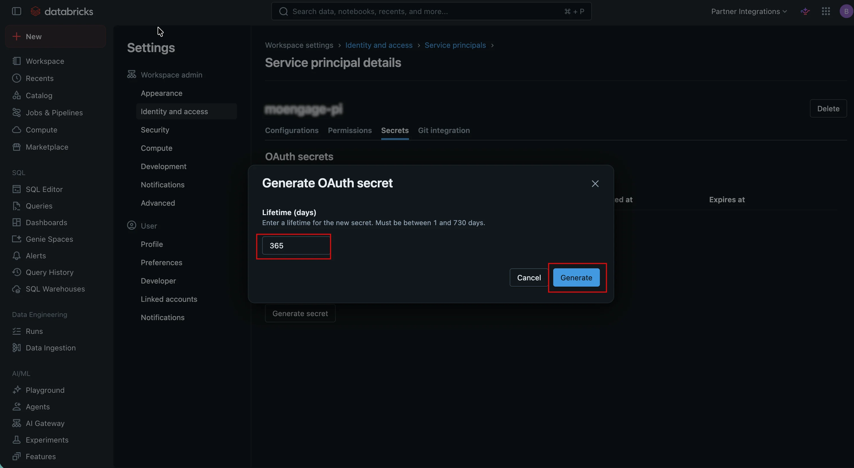 Generate OAuth secret dialog with Lifetime field