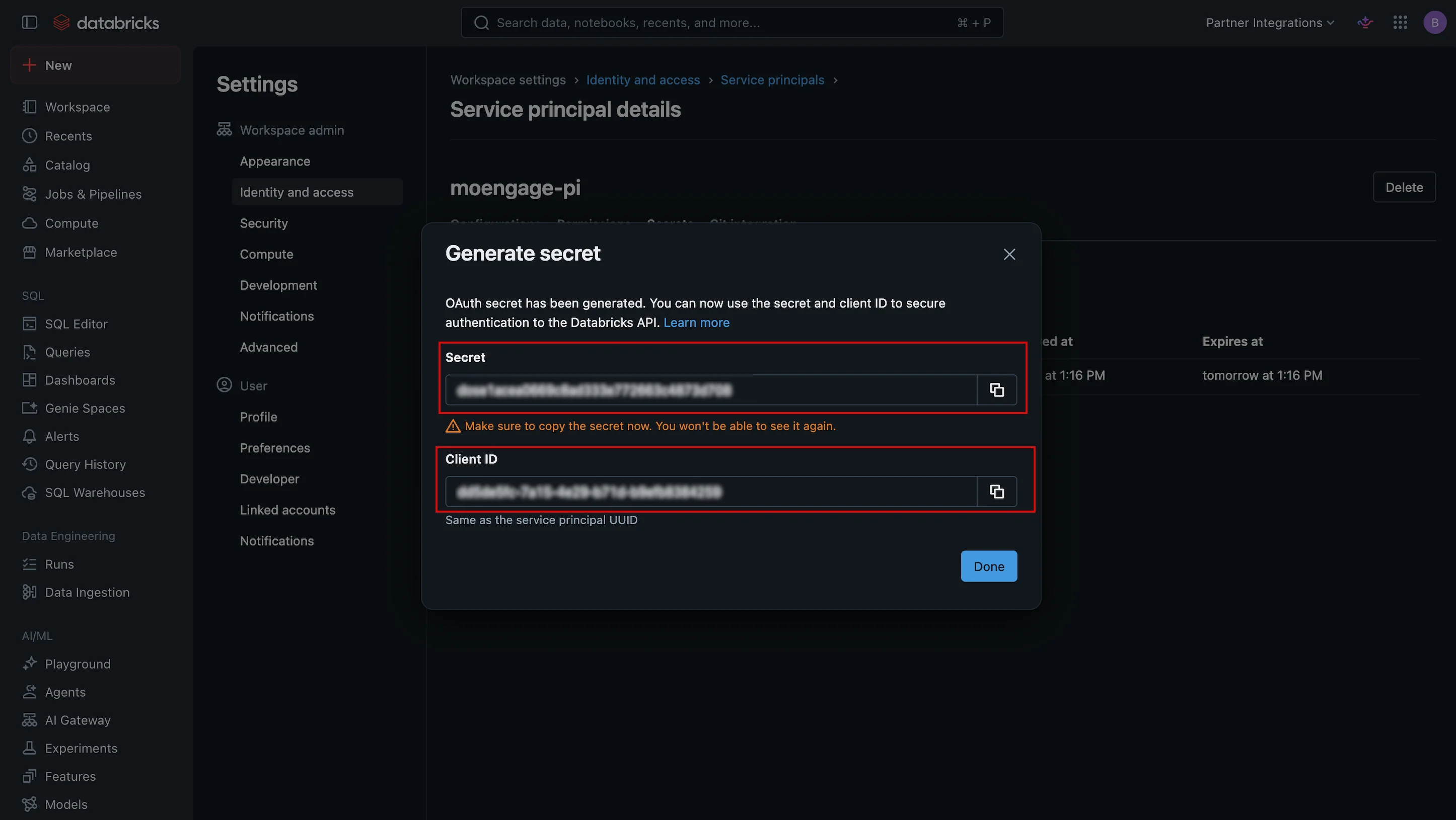 Generated client_id and client_secret confirmation screen