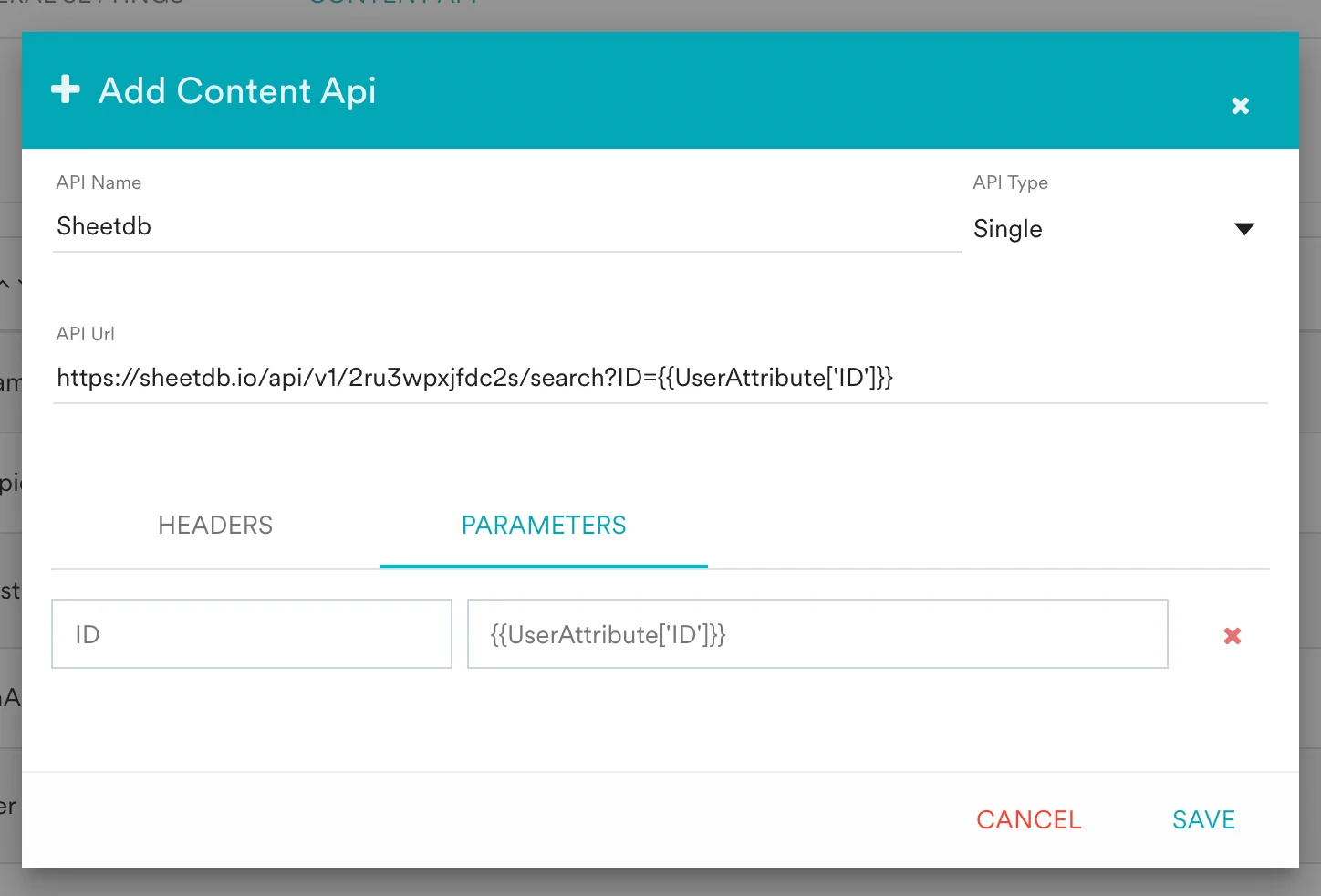 Configuring Sheetdb name and API URL as a Content API