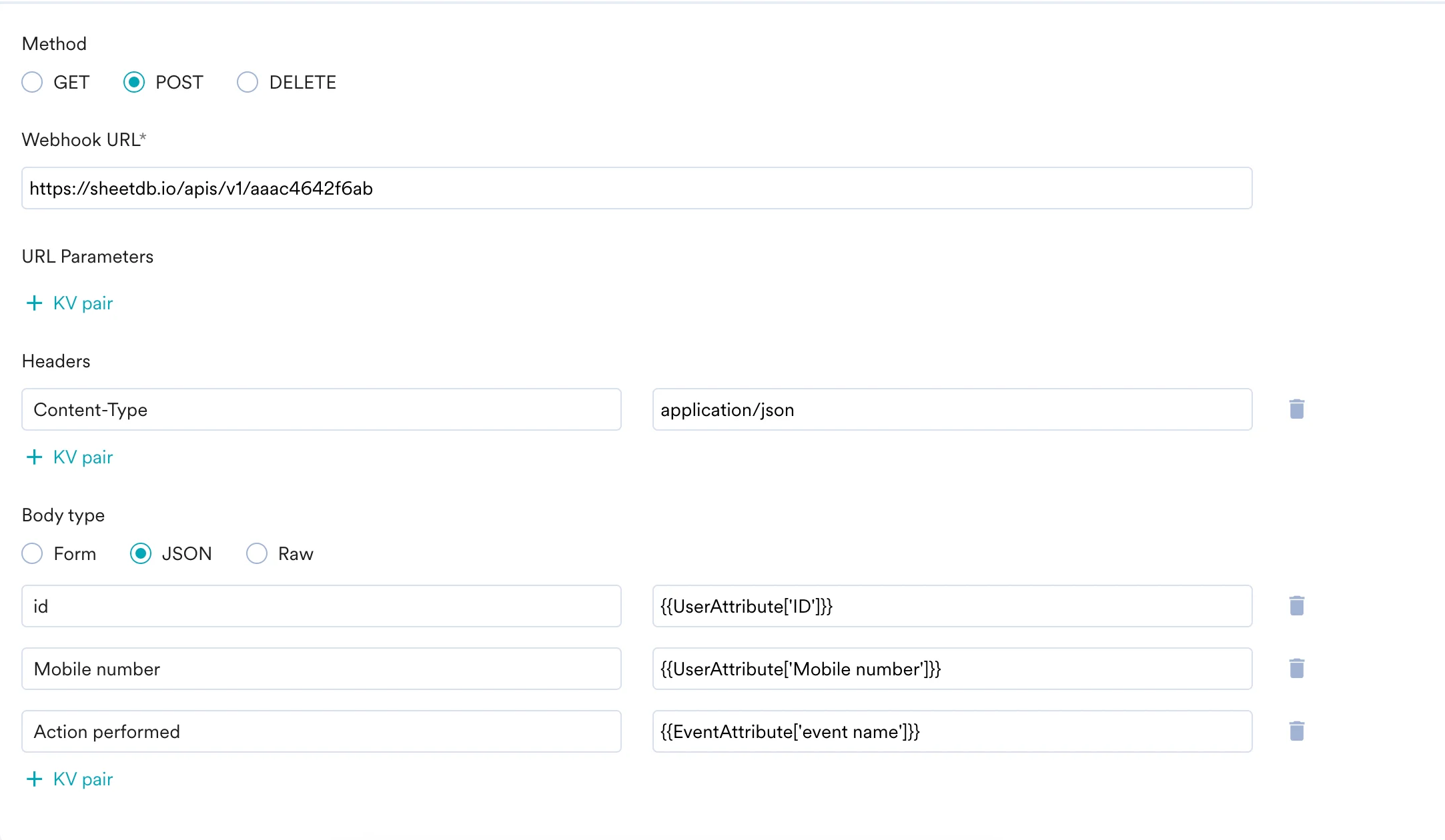 Connector campaign webhook configuration for Sheetdb