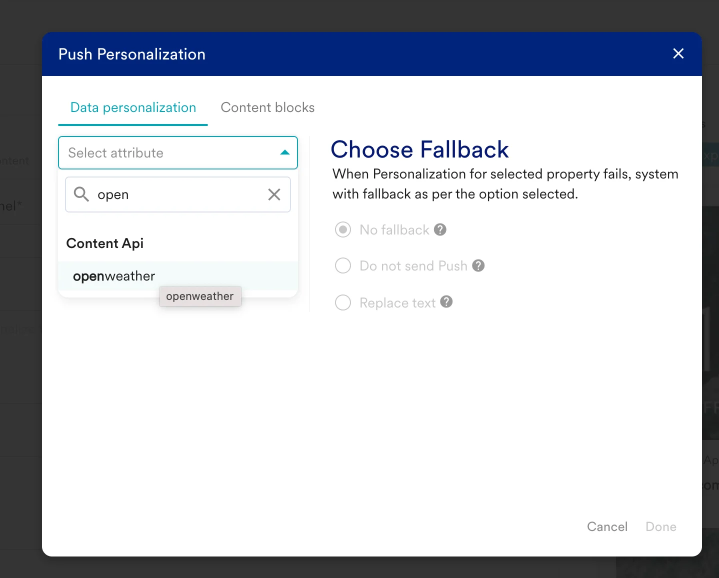 MoEngage personalization editor with the Open Weather Content API being inserted