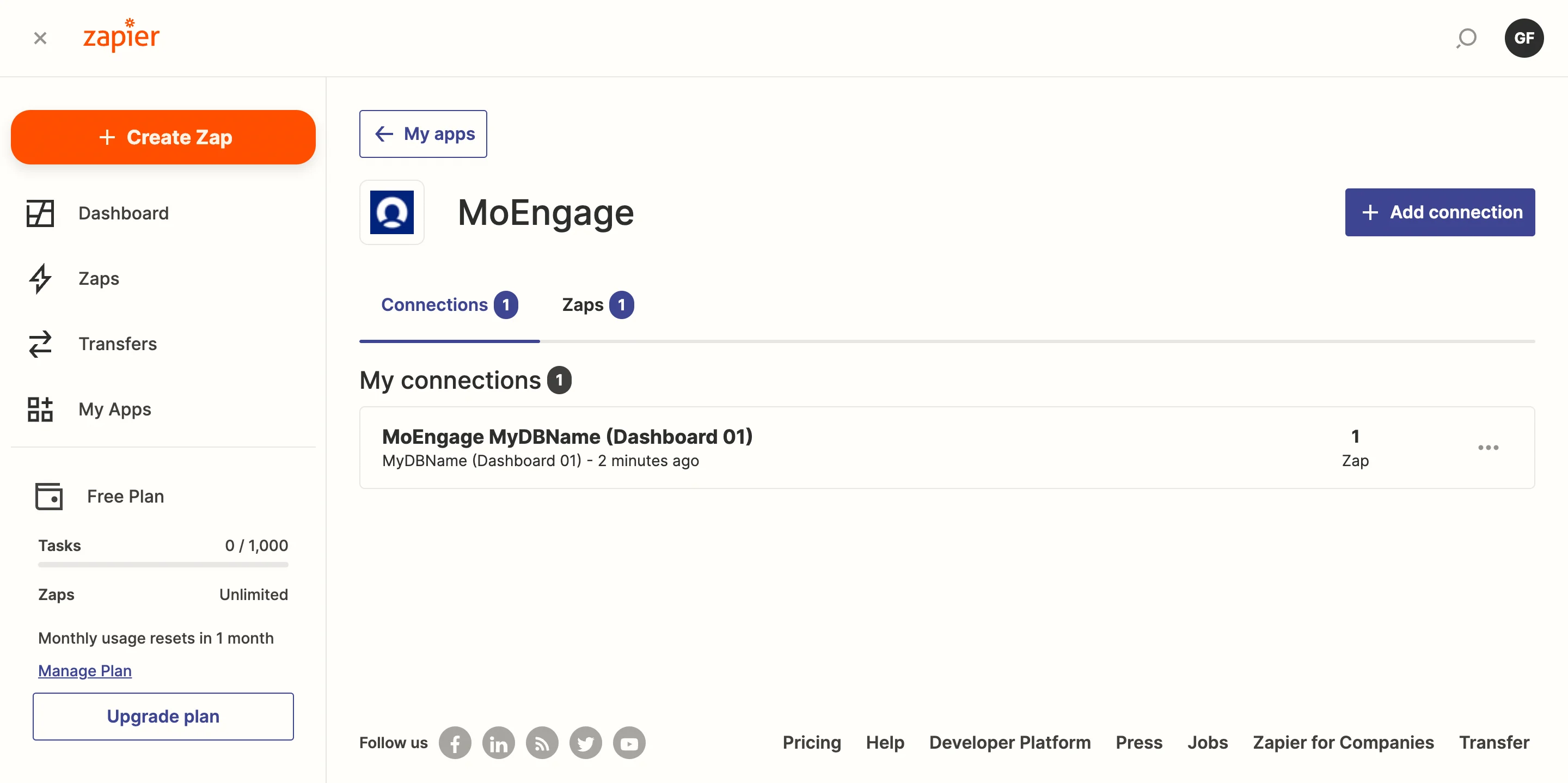 MoEngage app listed under Zapier apps with name and region