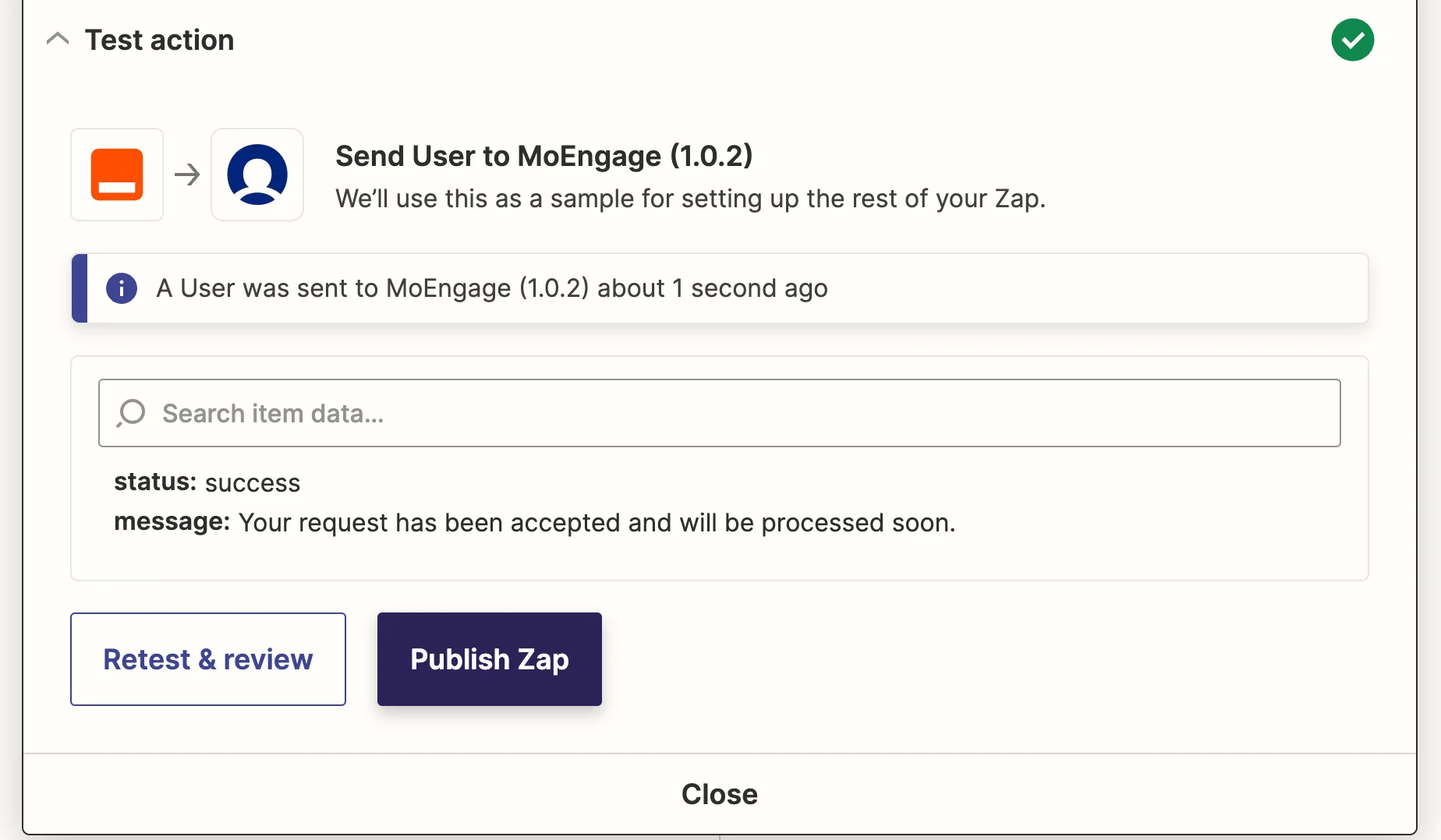 Successful API call response for Create or Update User action