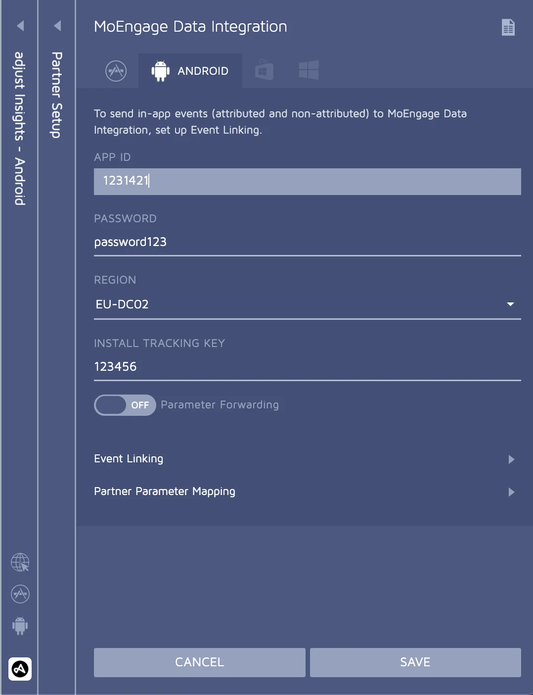 Adjust partner setup screen with MoEngage selection