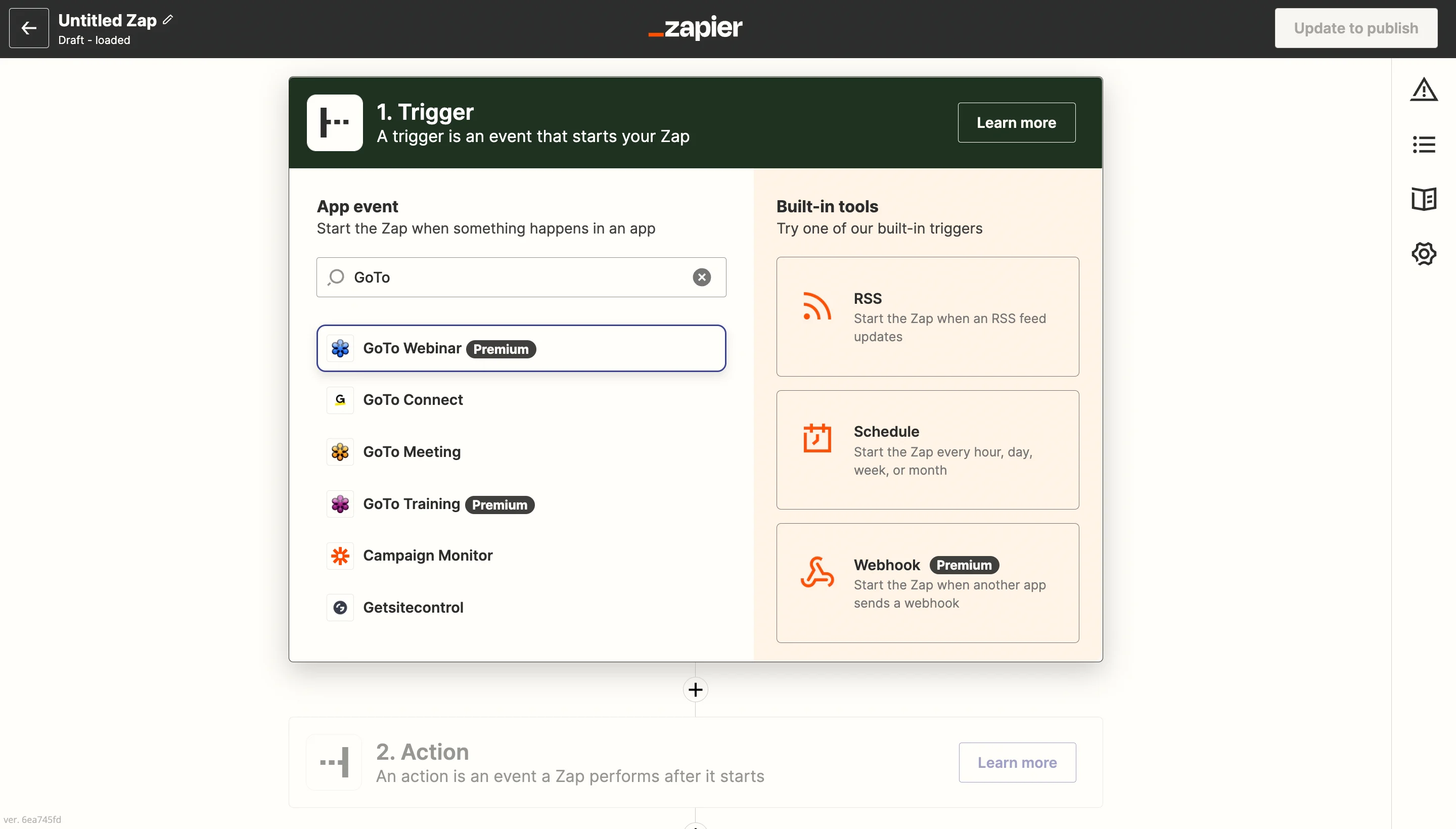 Selecting GoTo Webinar as the trigger app in Zapier