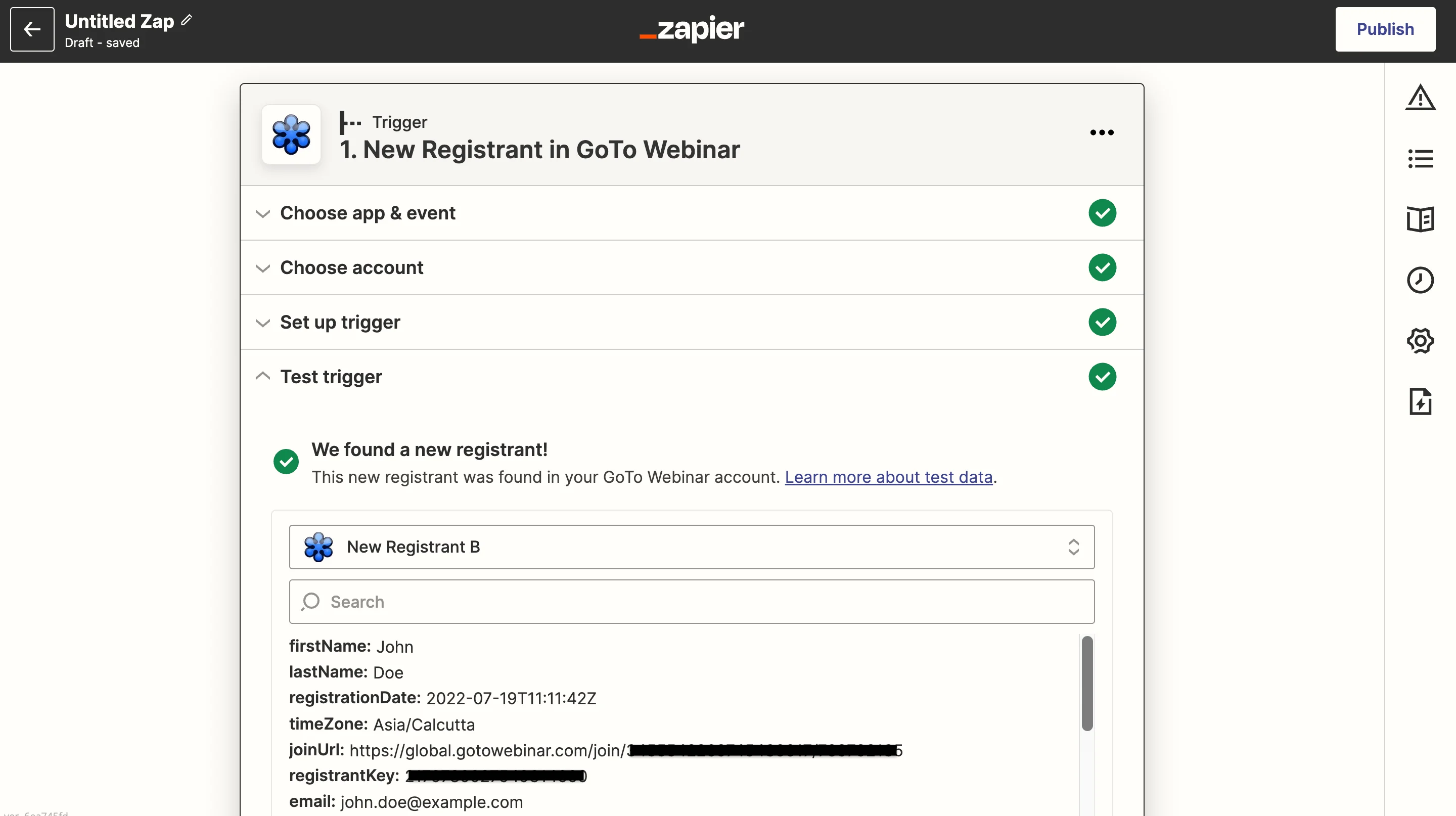 Test trigger setup with GoTo Webinar registrant sample