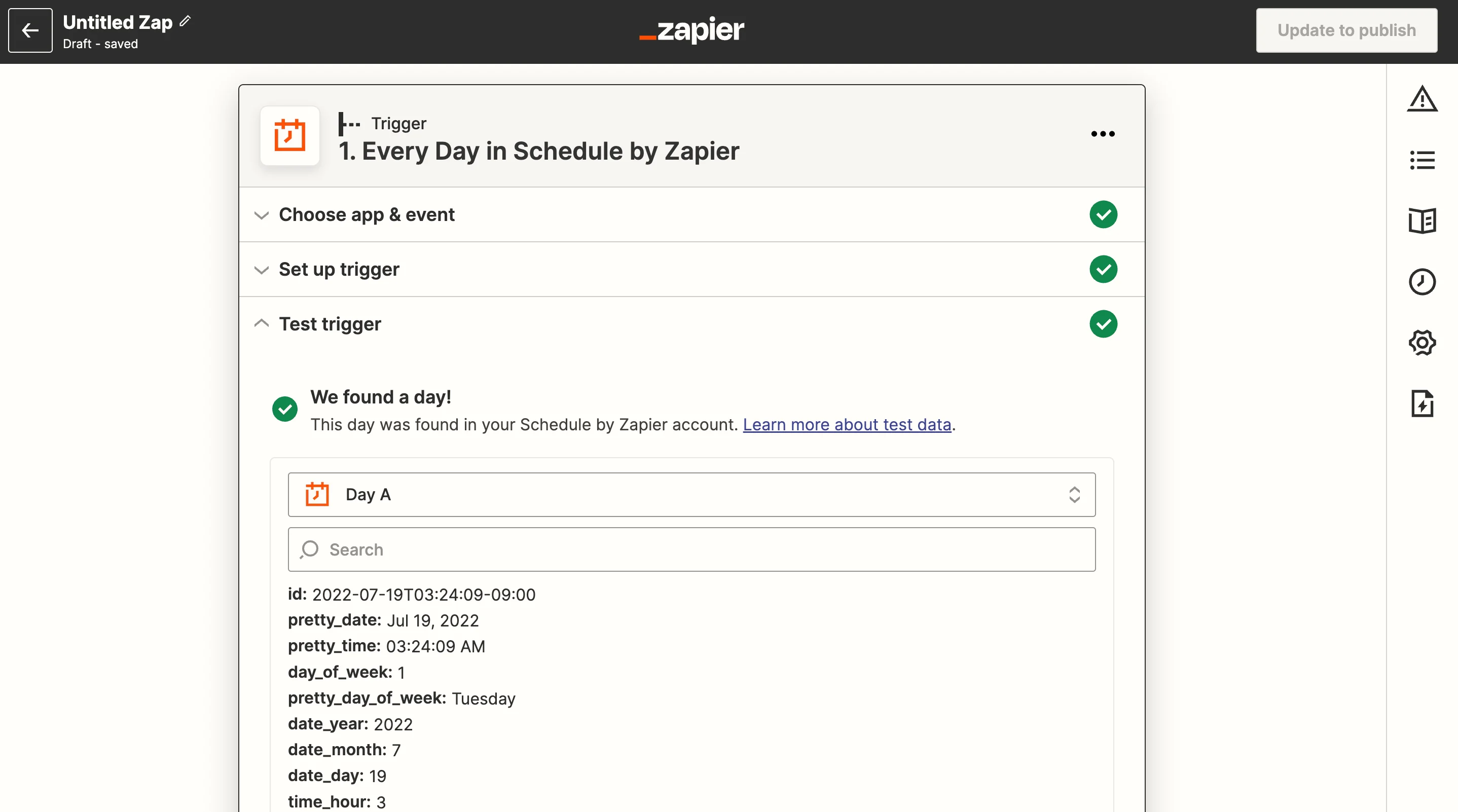 Schedule by Zapier trigger setup with Every Day event