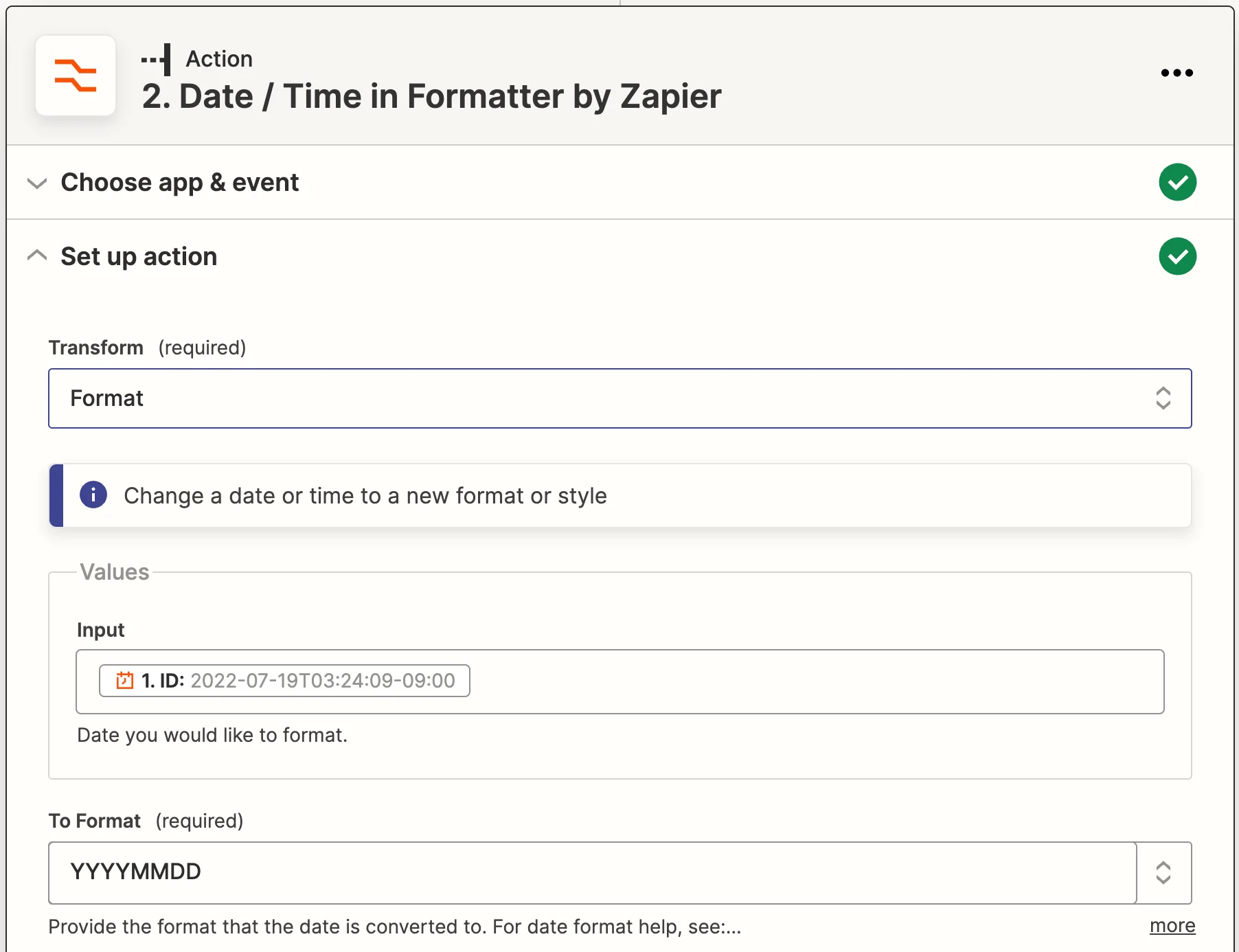 Formatter by Zapier configured to format date as YYYYMMDD