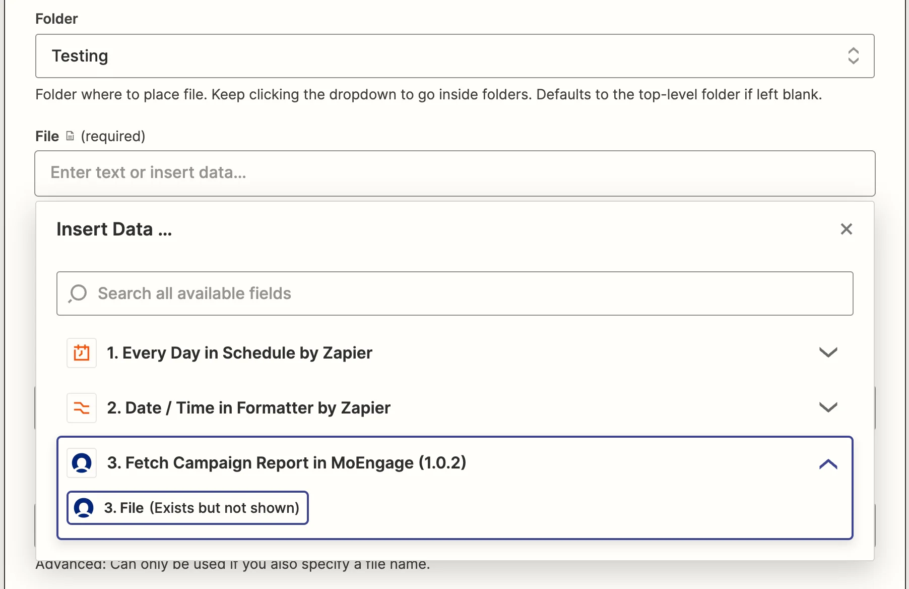 Google Drive Upload File action setup with destination folder selected