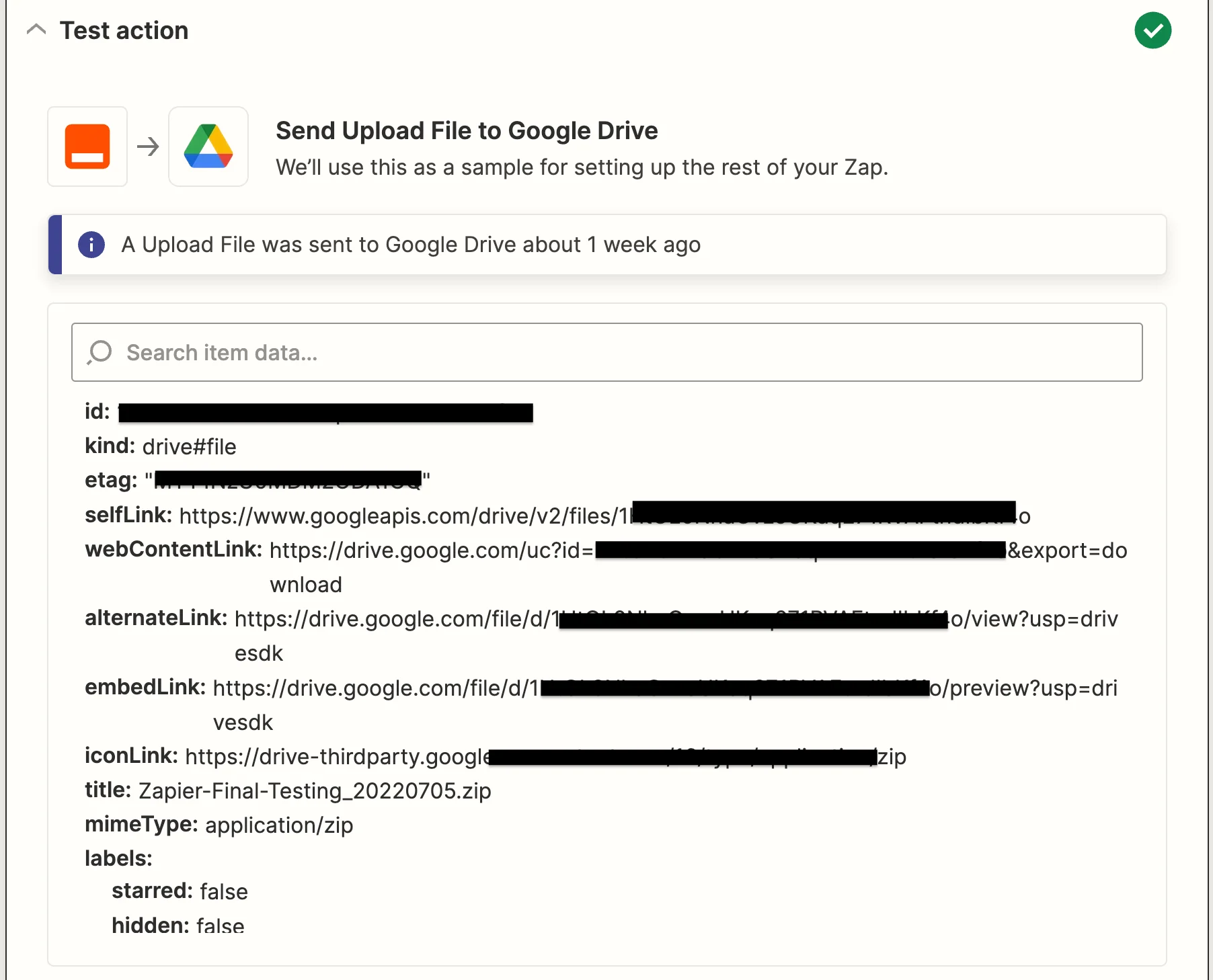 Successful Google Drive upload test result