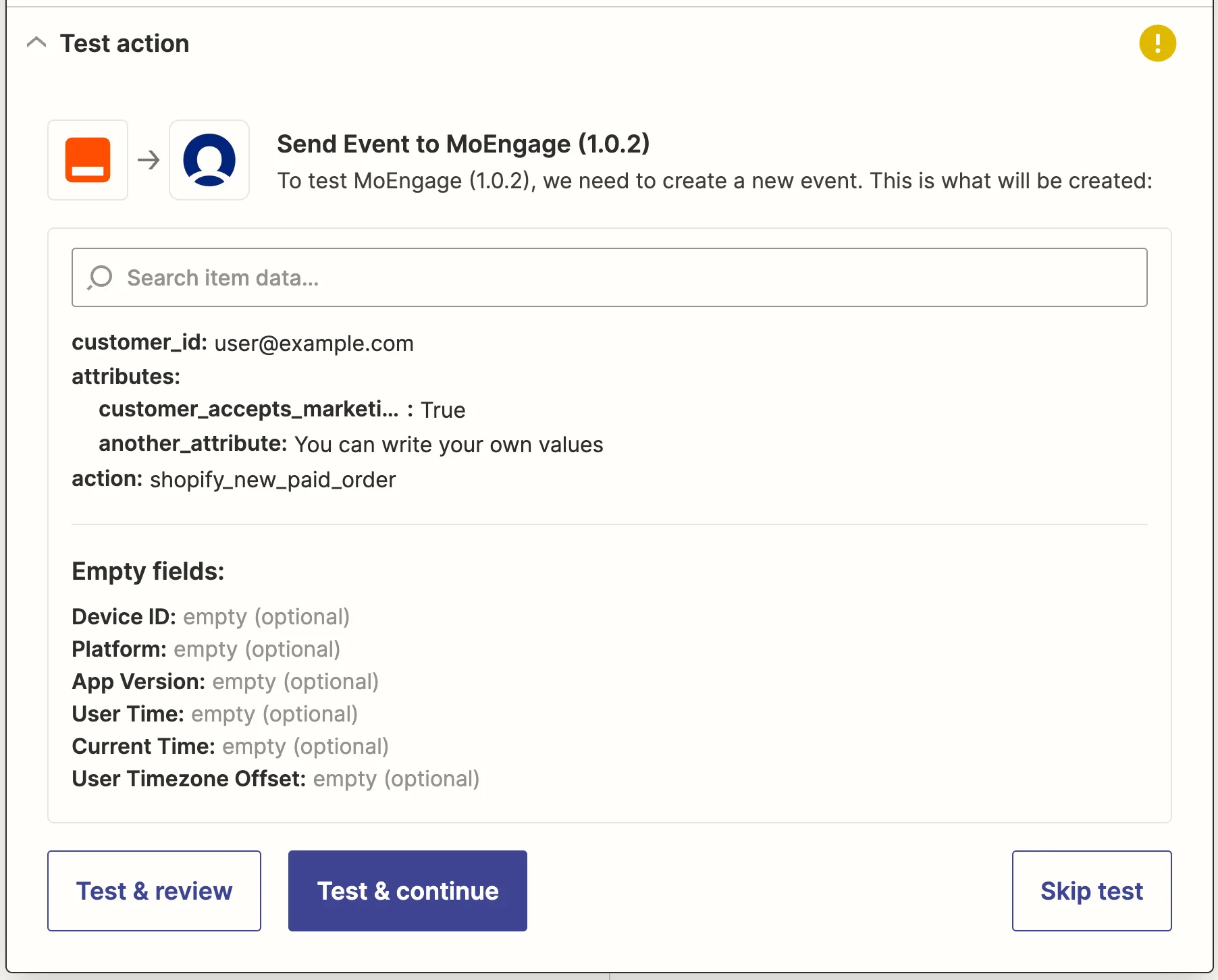 Test setup screen for Import User Event action