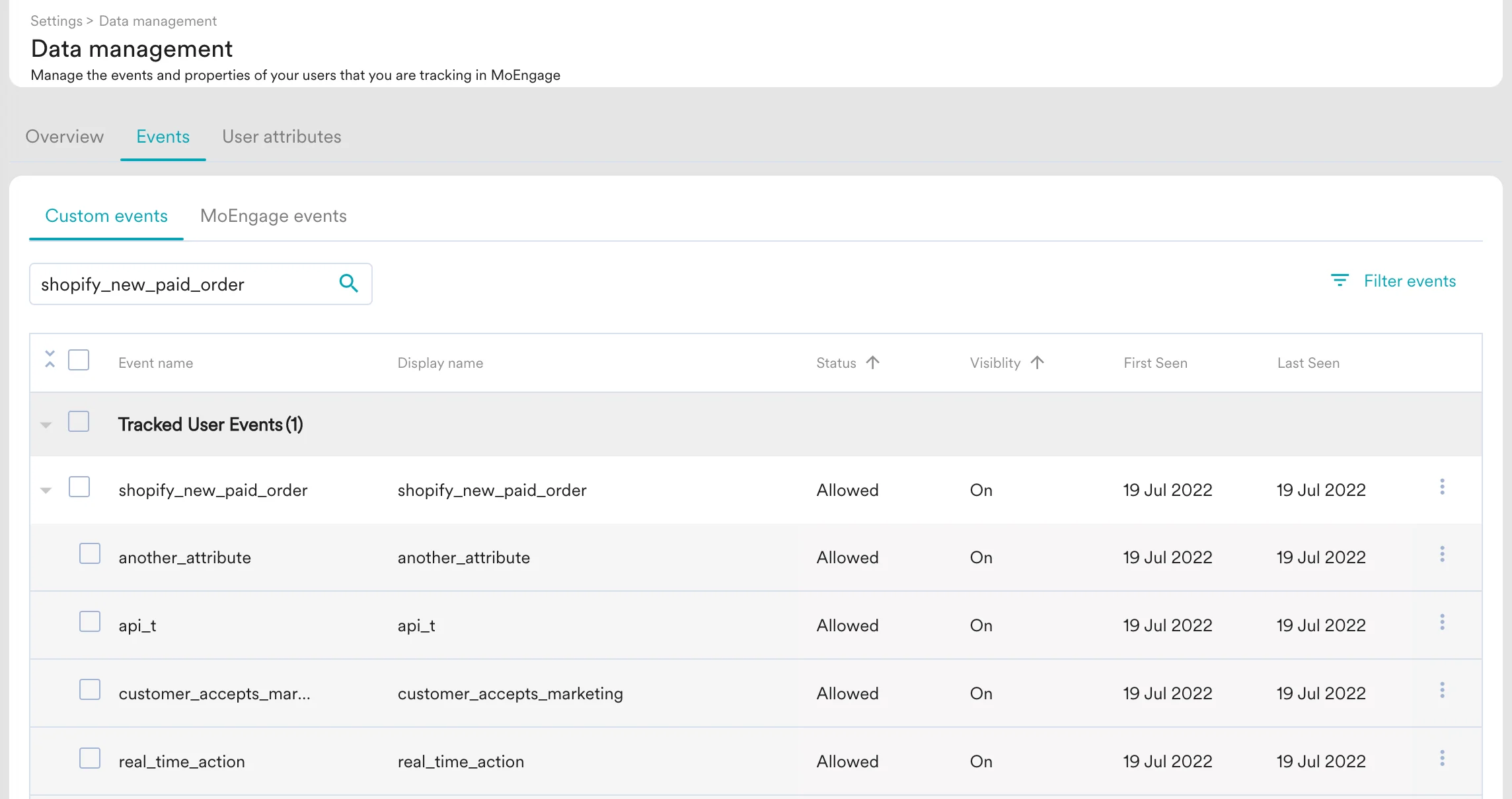 Verifying the imported event in the MoEngage Custom events tab