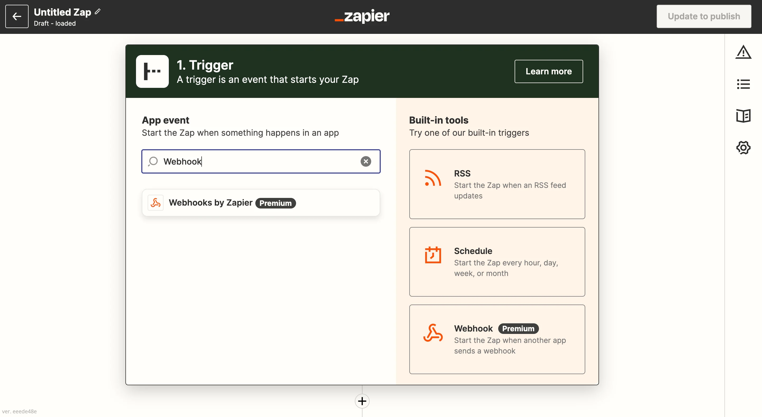 Selecting Webhook by Zapier as the trigger app