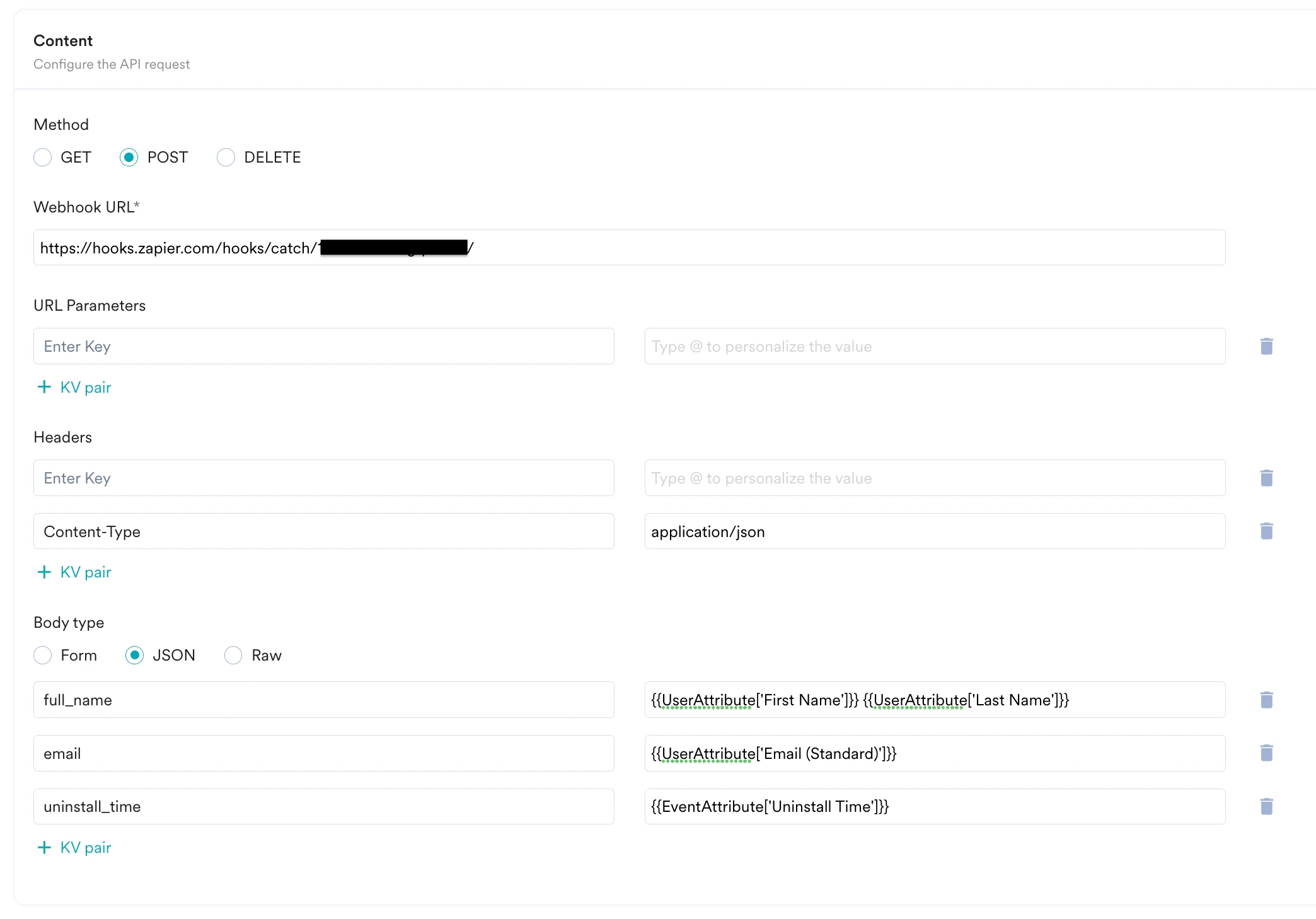 Connector campaign content step showing method, webhook URL, and payload