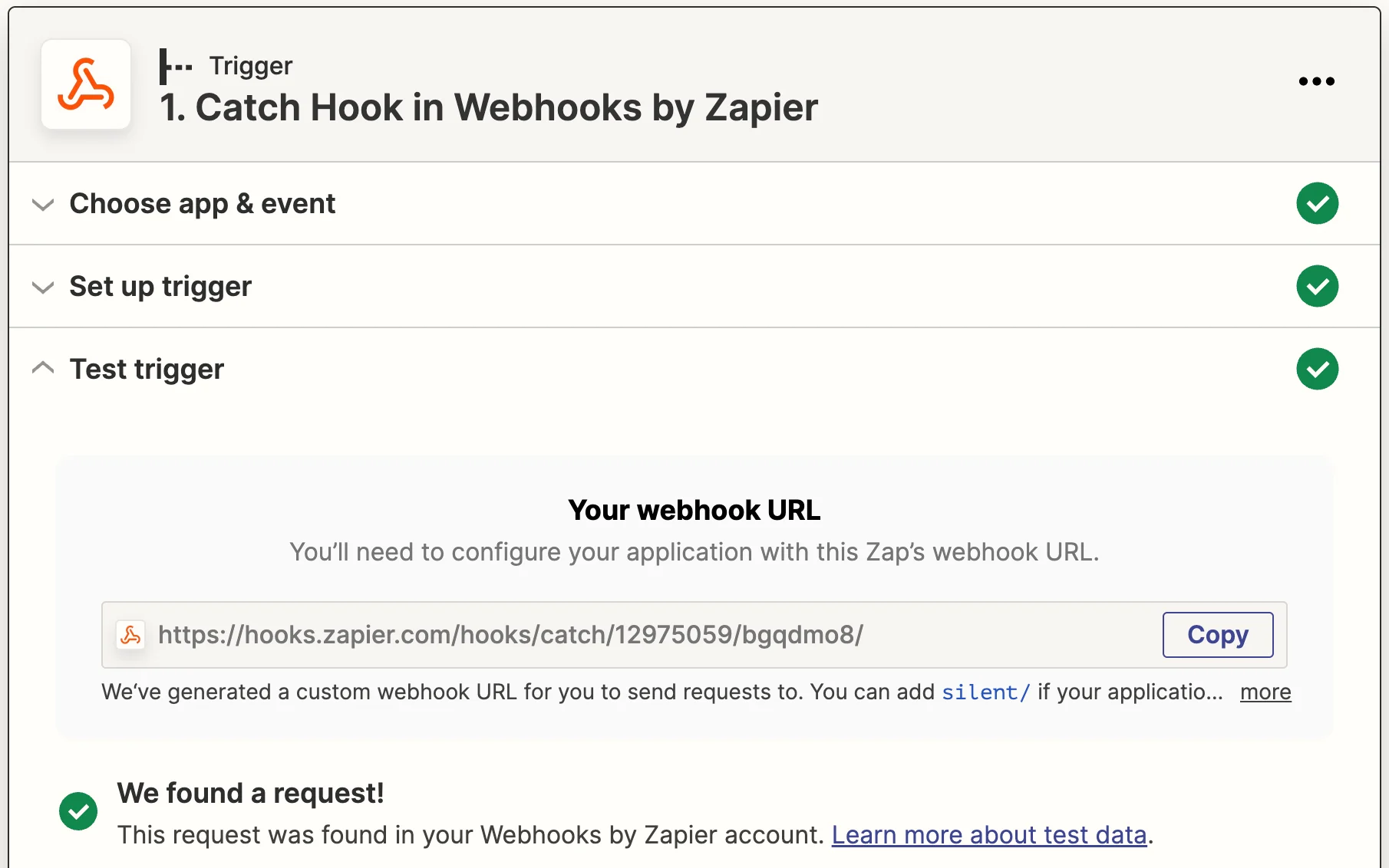 Test trigger result in Zapier showing MoEngage payload