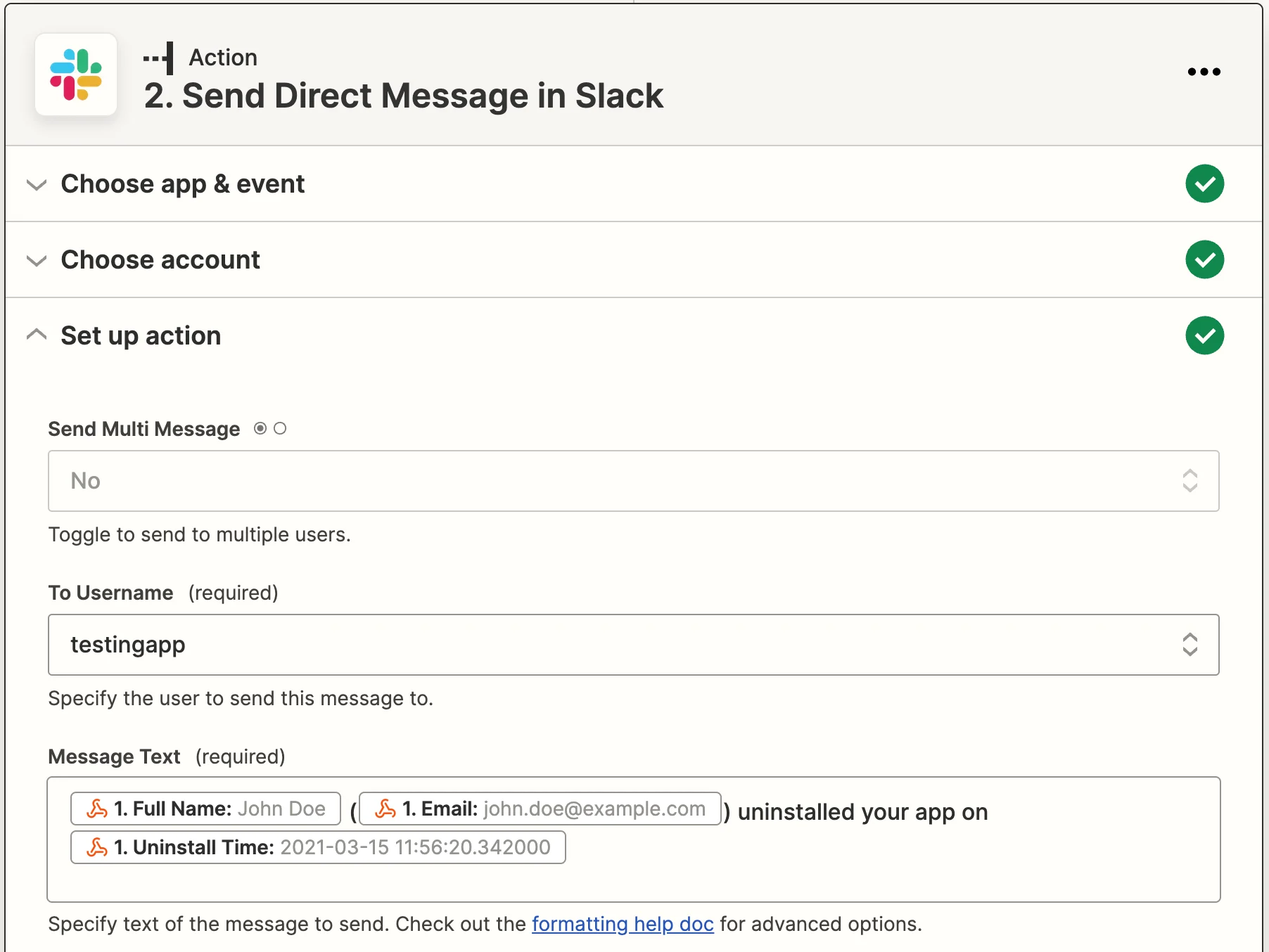 Slack action setup form filled with username and message text