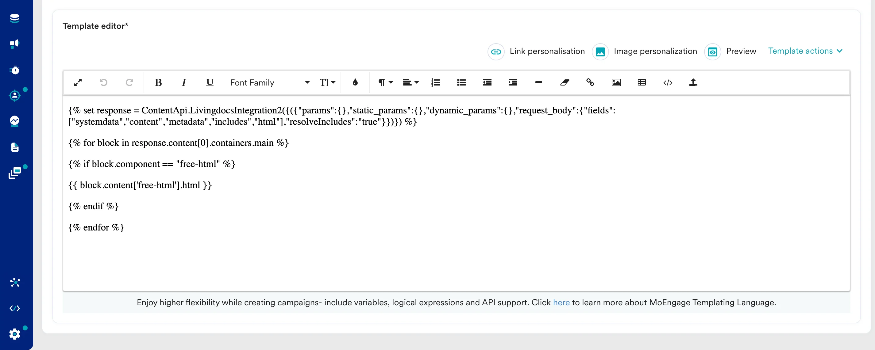 MoEngage editor with Livingdocs template parsed using JINJA