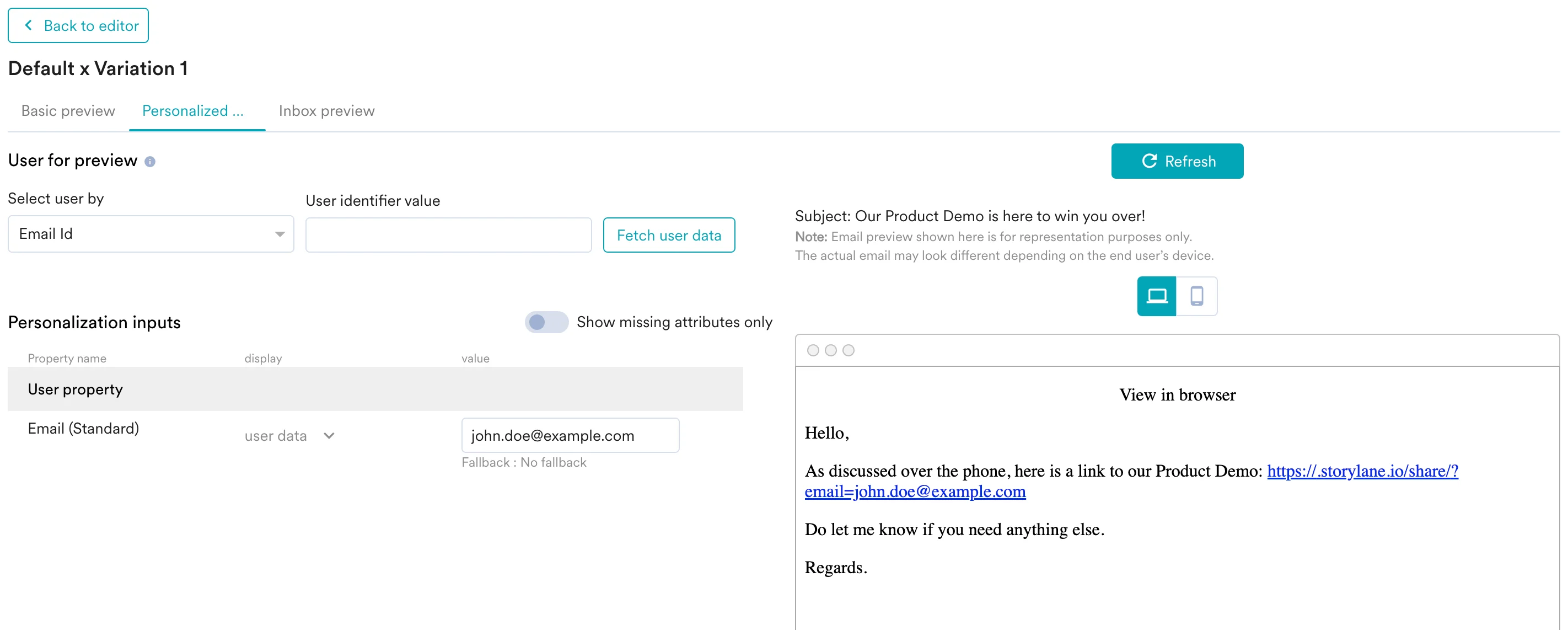 MoEngage email preview showing the personalized Storylane demo link