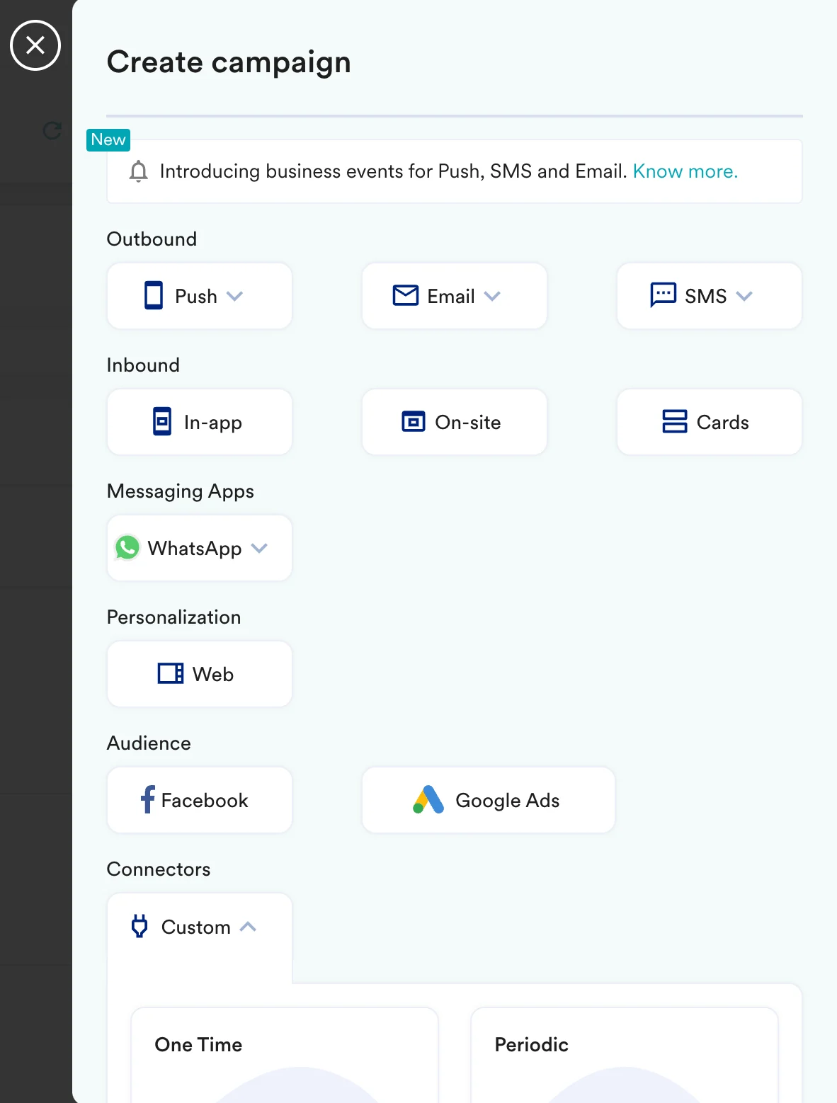 Connector campaign creation page in MoEngage