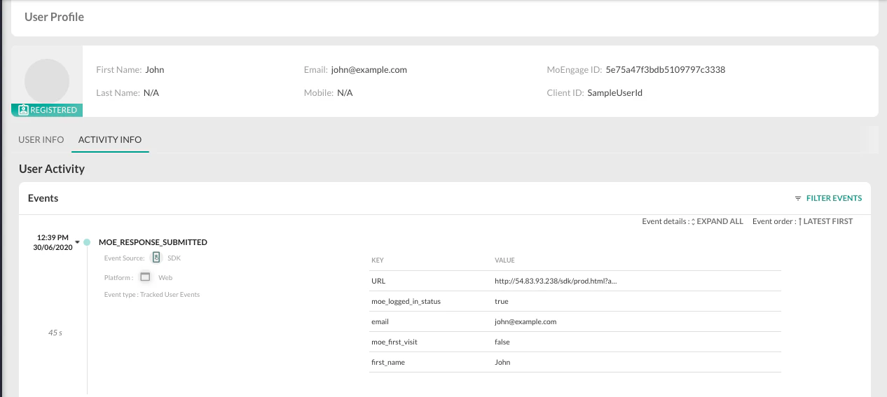 Screenshot showing MOE_RESPONSE_SUBMITTED event in user profile.