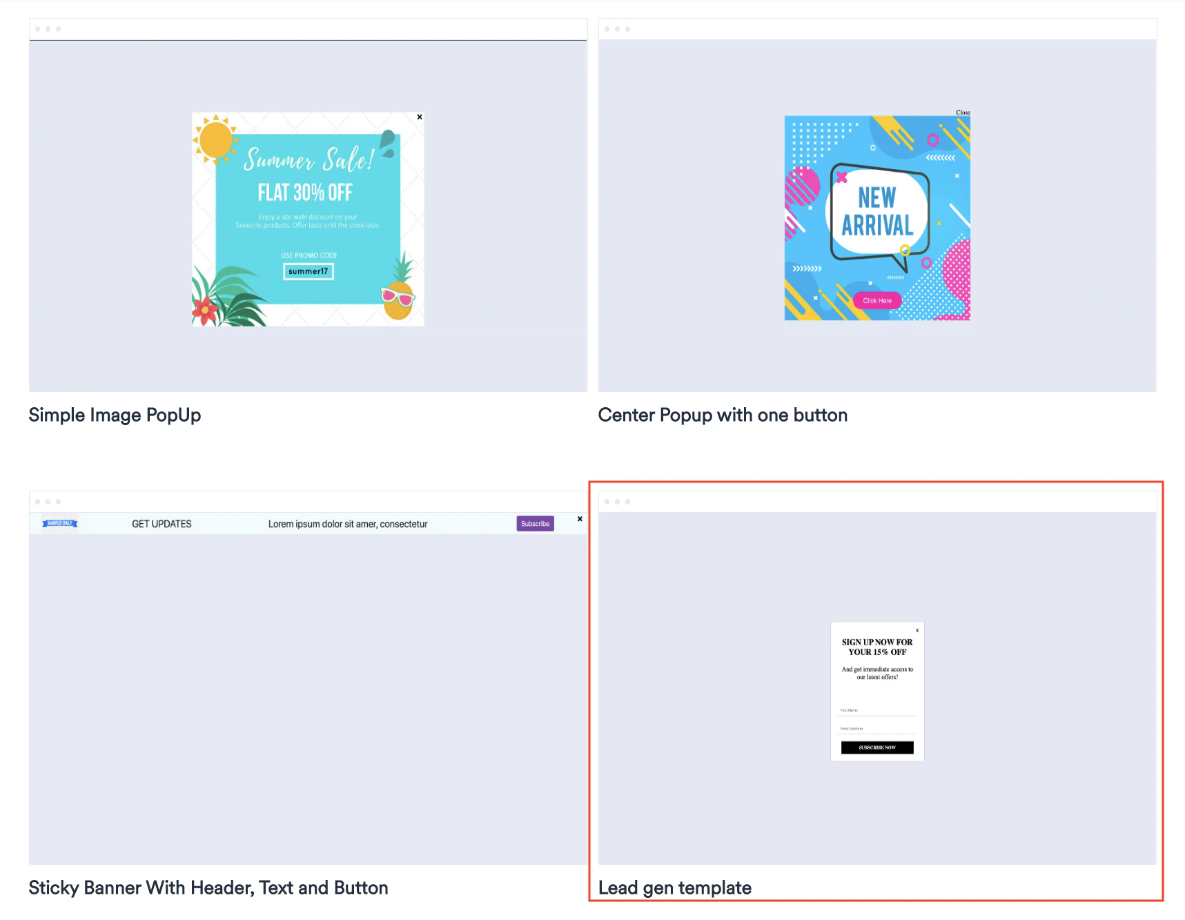 Screenshot showing Lead Gen template selection.