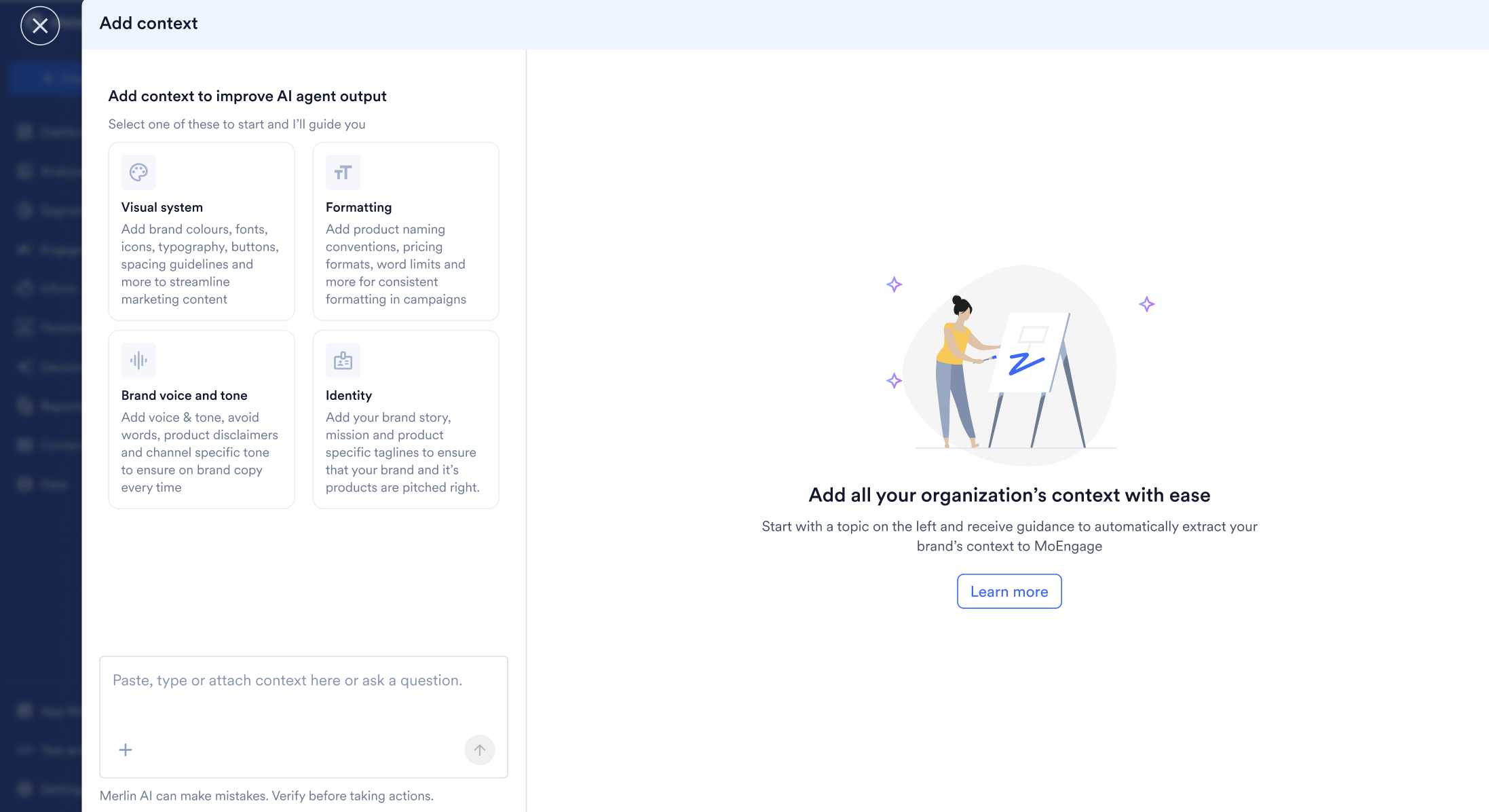 Add context drawer with starter topic cards for Visual system, Formatting, Brand voice and tone, and Identity, and the chat input at the bottom