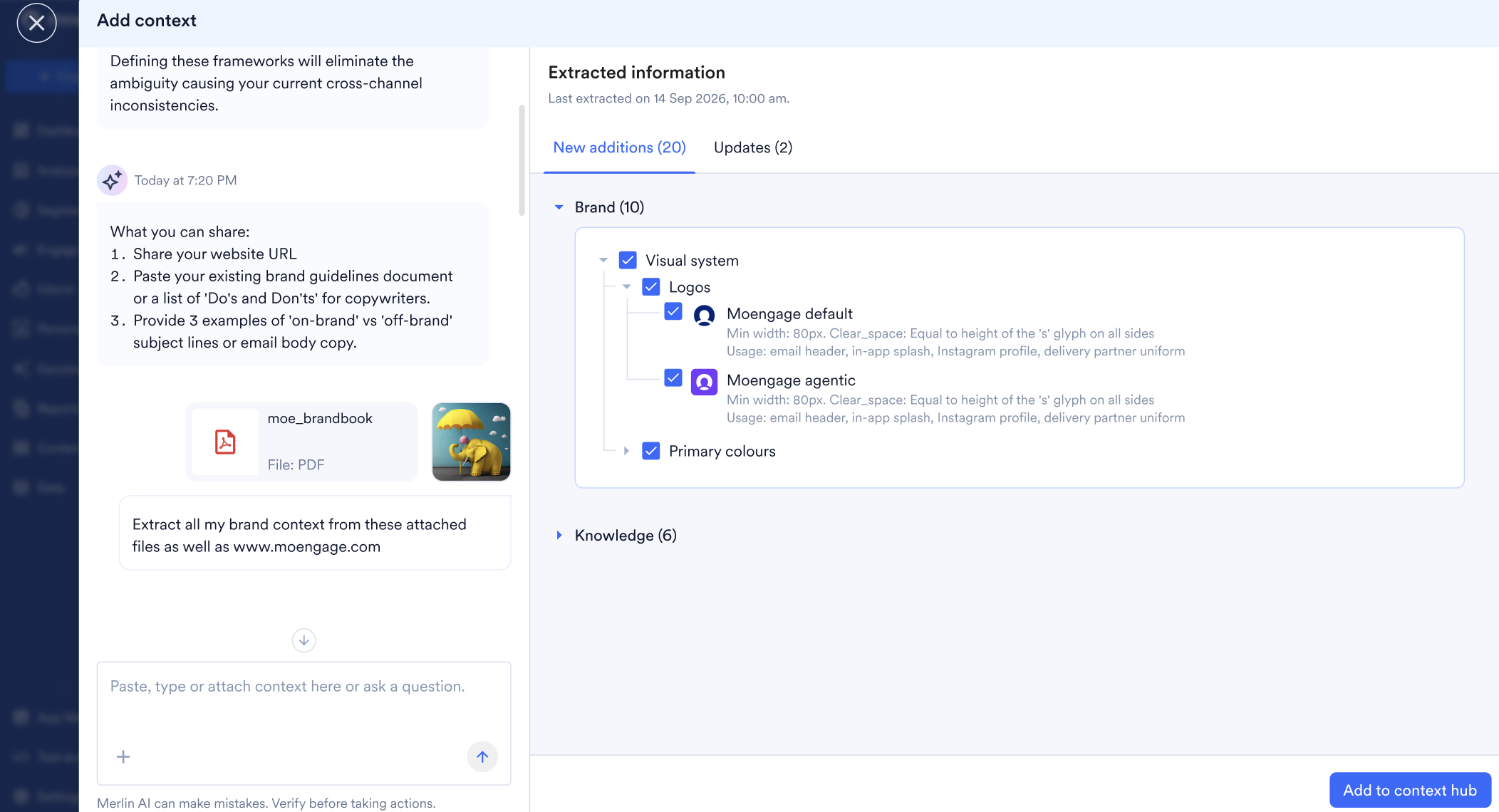 Extracted information panel showing the New additions and Updates tabs with a checkbox tree of extracted context