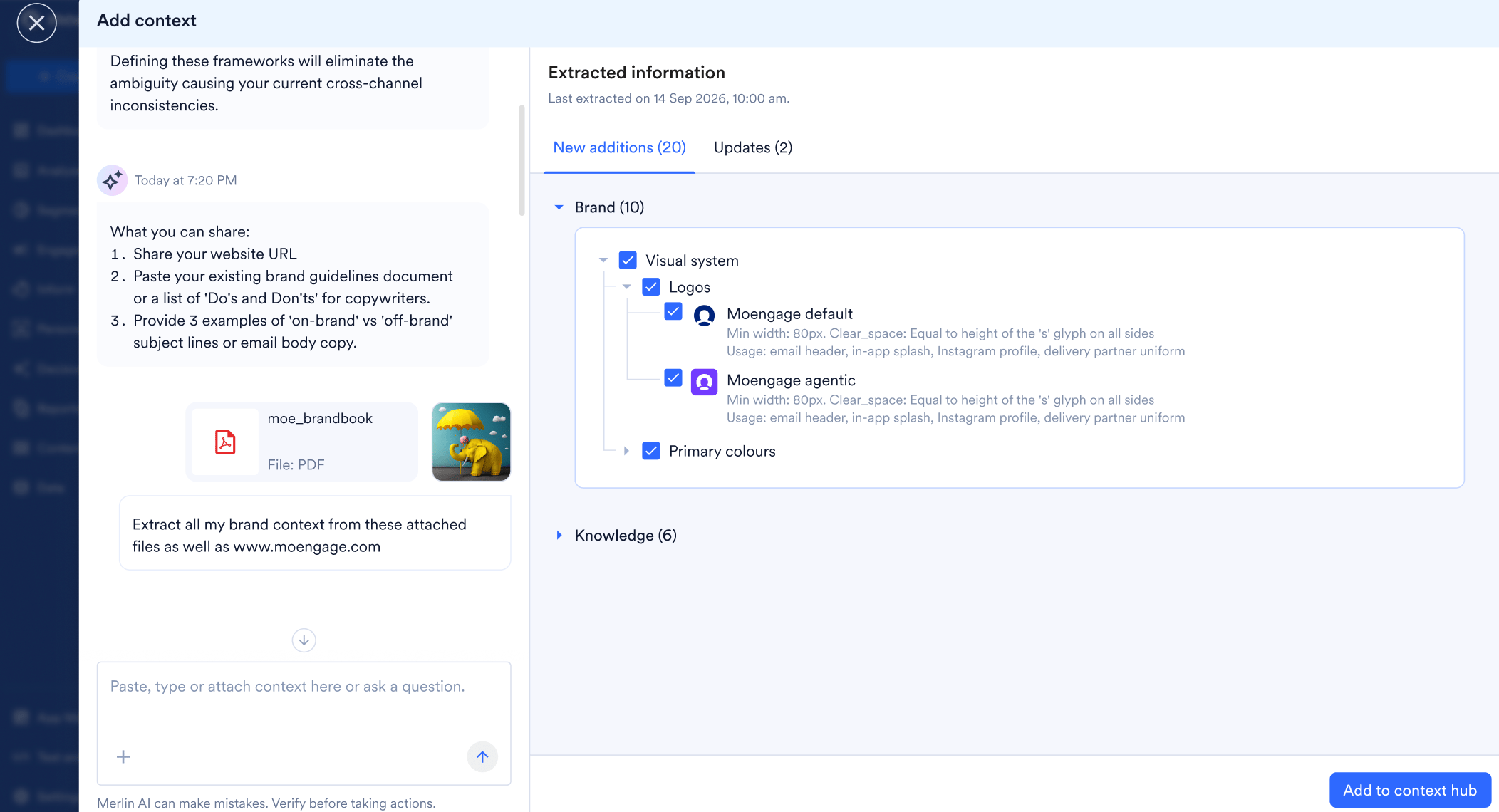 Extracted information panel showing the New additions and Updates tabs with a checkbox tree of extracted context