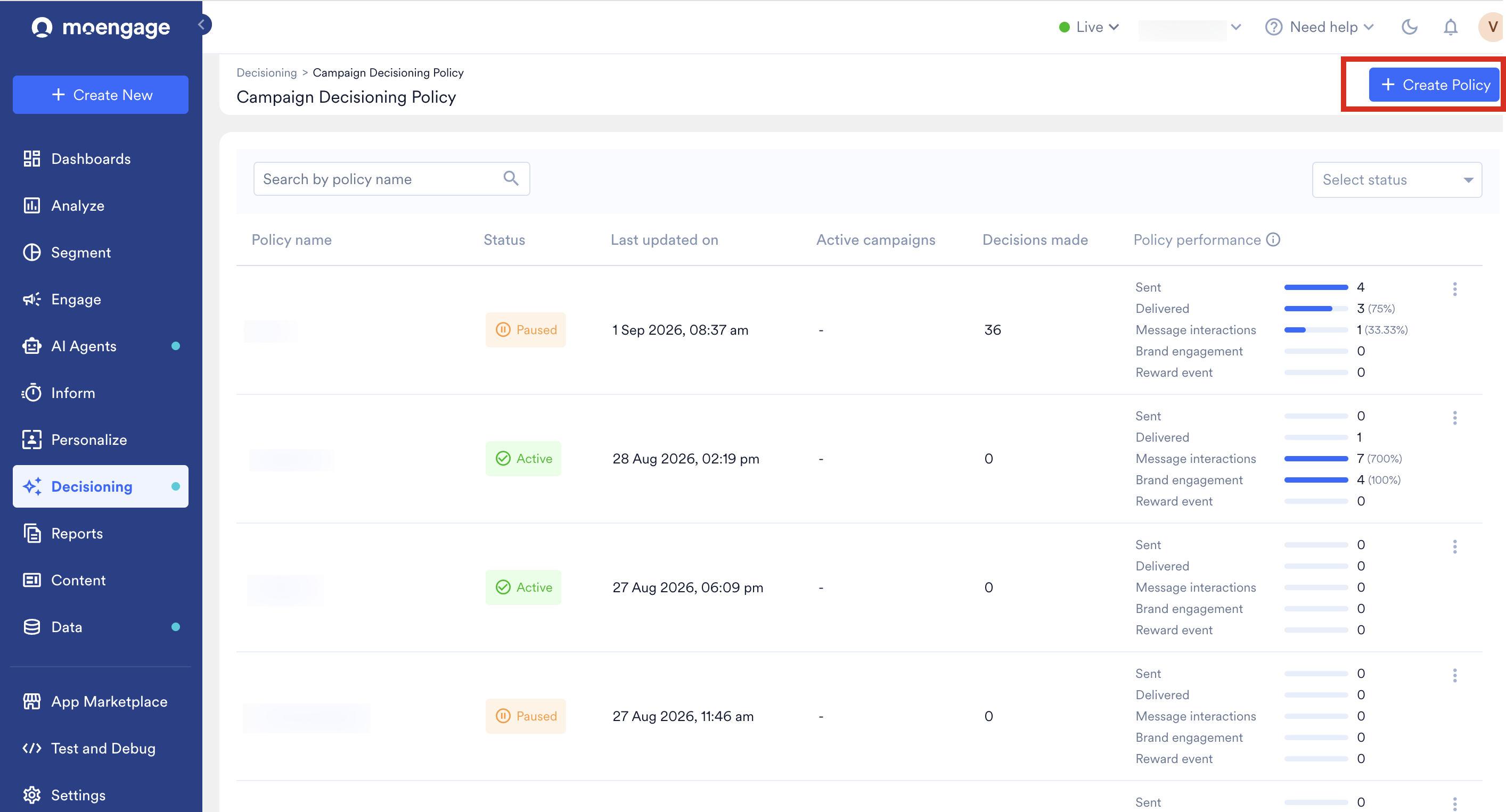 The Campaign Decisioning Policy page with the + Create Policy button.