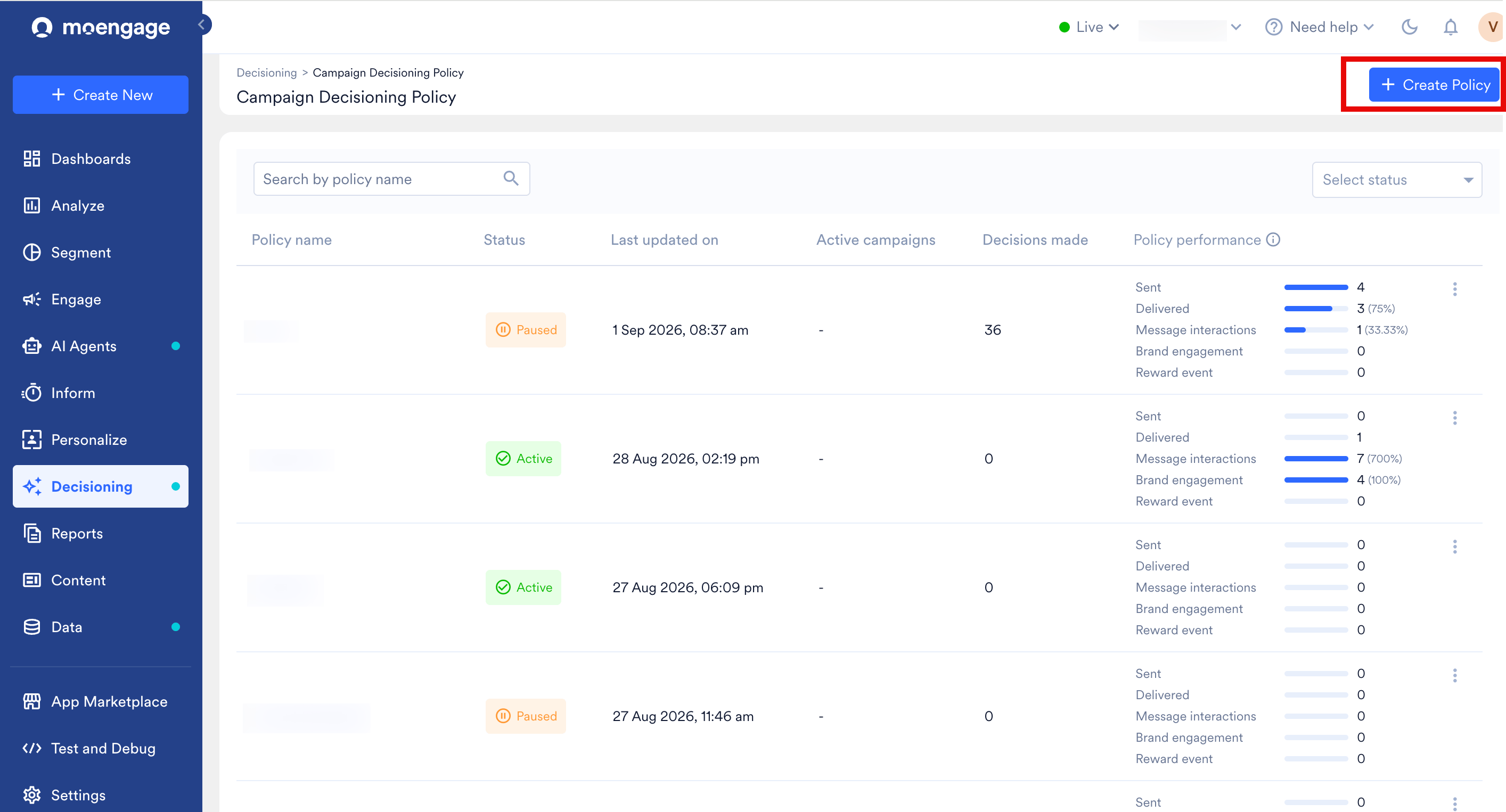 The Campaign Decisioning Policy page with the + Create Policy button.