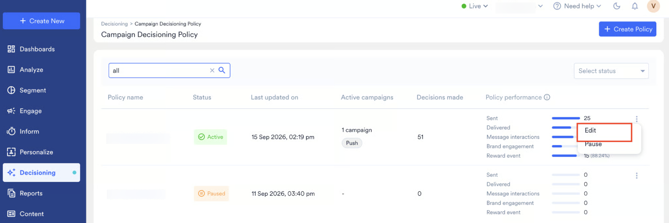 The Campaign Decisioning Policy list showing policy name, status, last updated, active campaigns, decisions made, policy performance, and the ellipsis actions menu with Edit and Pause options.