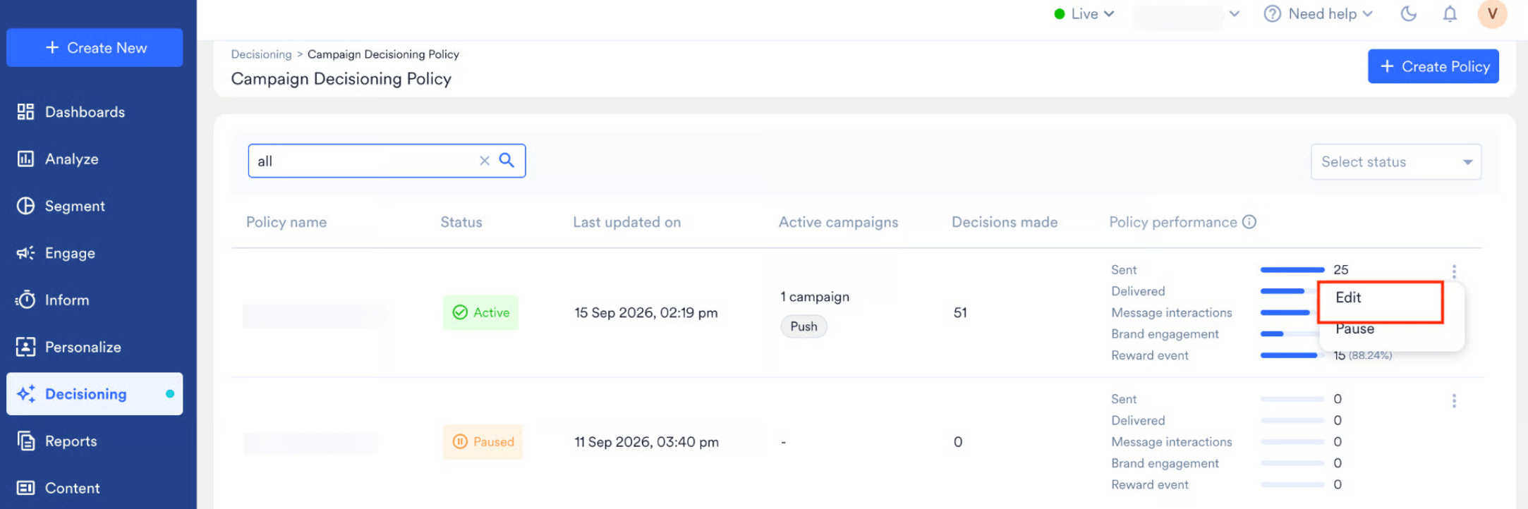 The Campaign Decisioning Policy list showing policy name, status, last updated, active campaigns, decisions made, policy performance, and the ellipsis actions menu with Edit and Pause options.