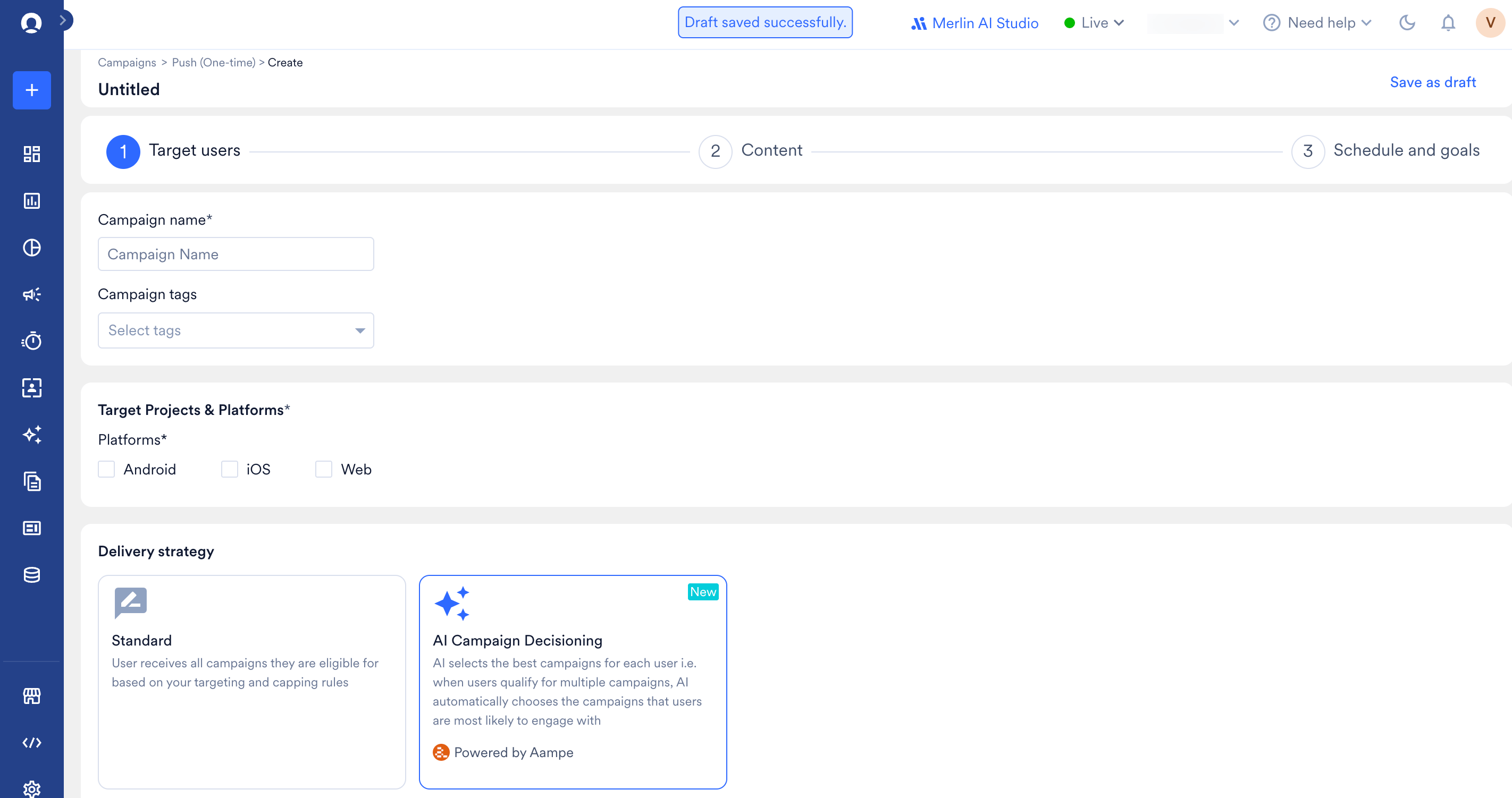 The campaign Step 1 Delivery strategy section with the Standard and AI Campaign Decisioning (Powered by Aampe) options.