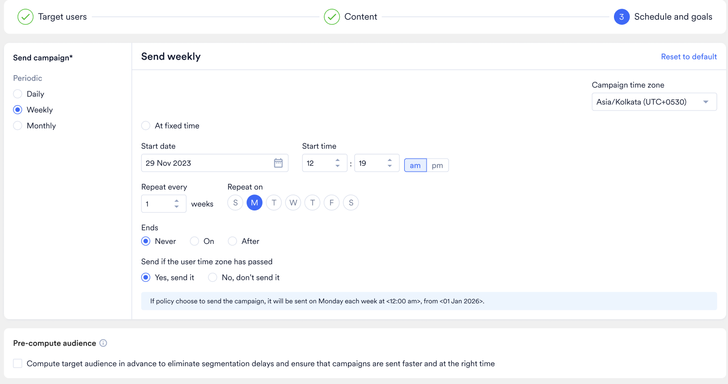 The campaign Schedule and goals step with a fixed date and time and campaign time zone.