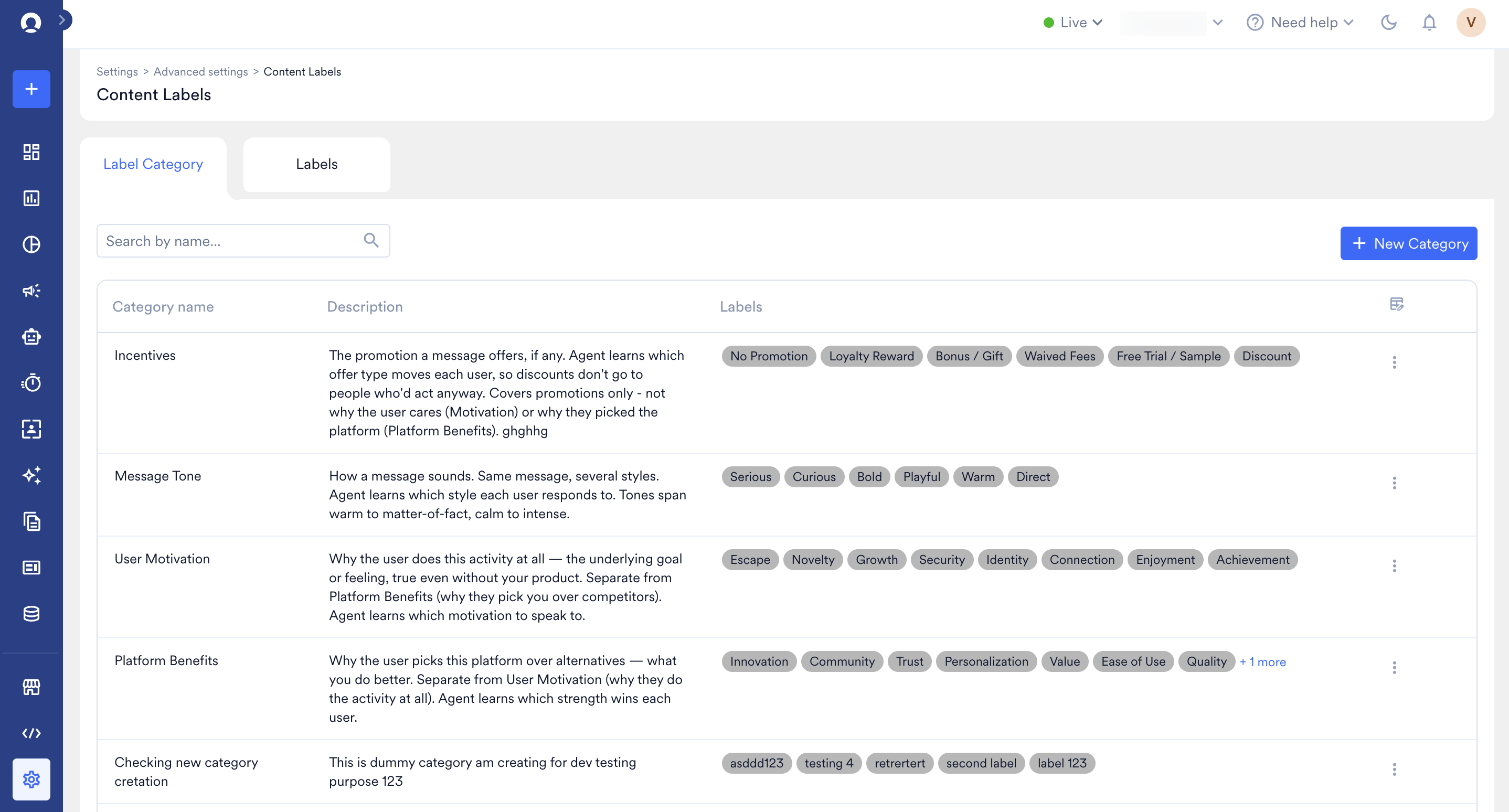 The Content Labels page with the Label category tab selected, listing categories and their labels.
